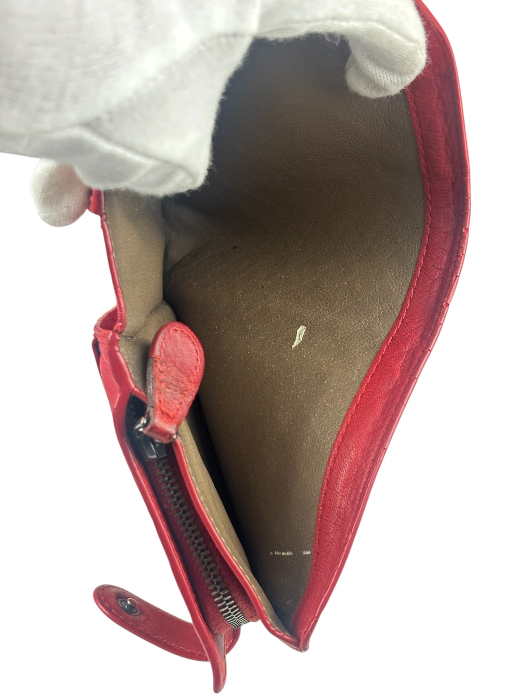 Bottega Veneta Red Leather Nappa Intercciato French Compact Wallet