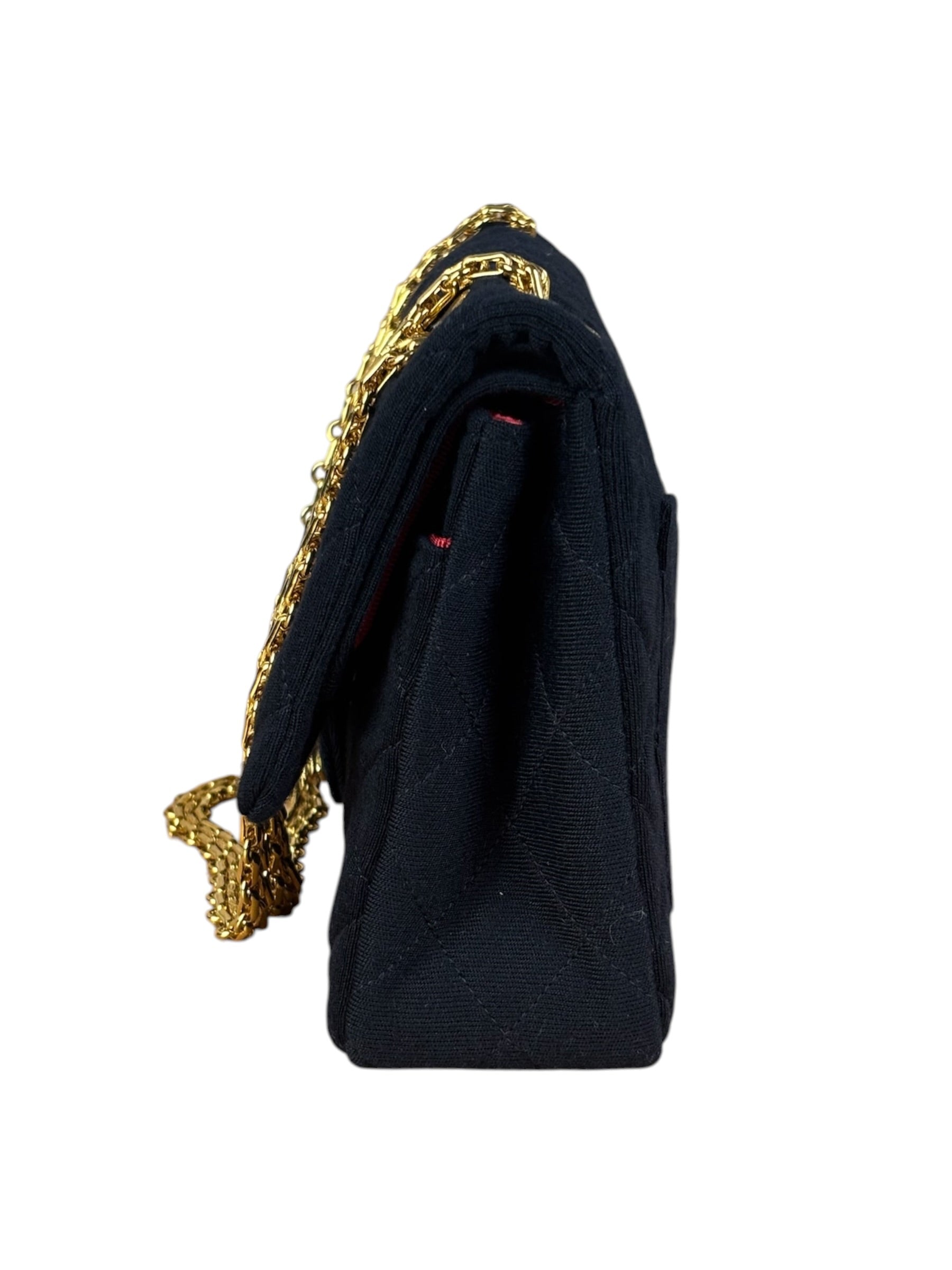 Chanel Navy Blue Cotton Jersey Classic Double Flap Shoulder Bag
