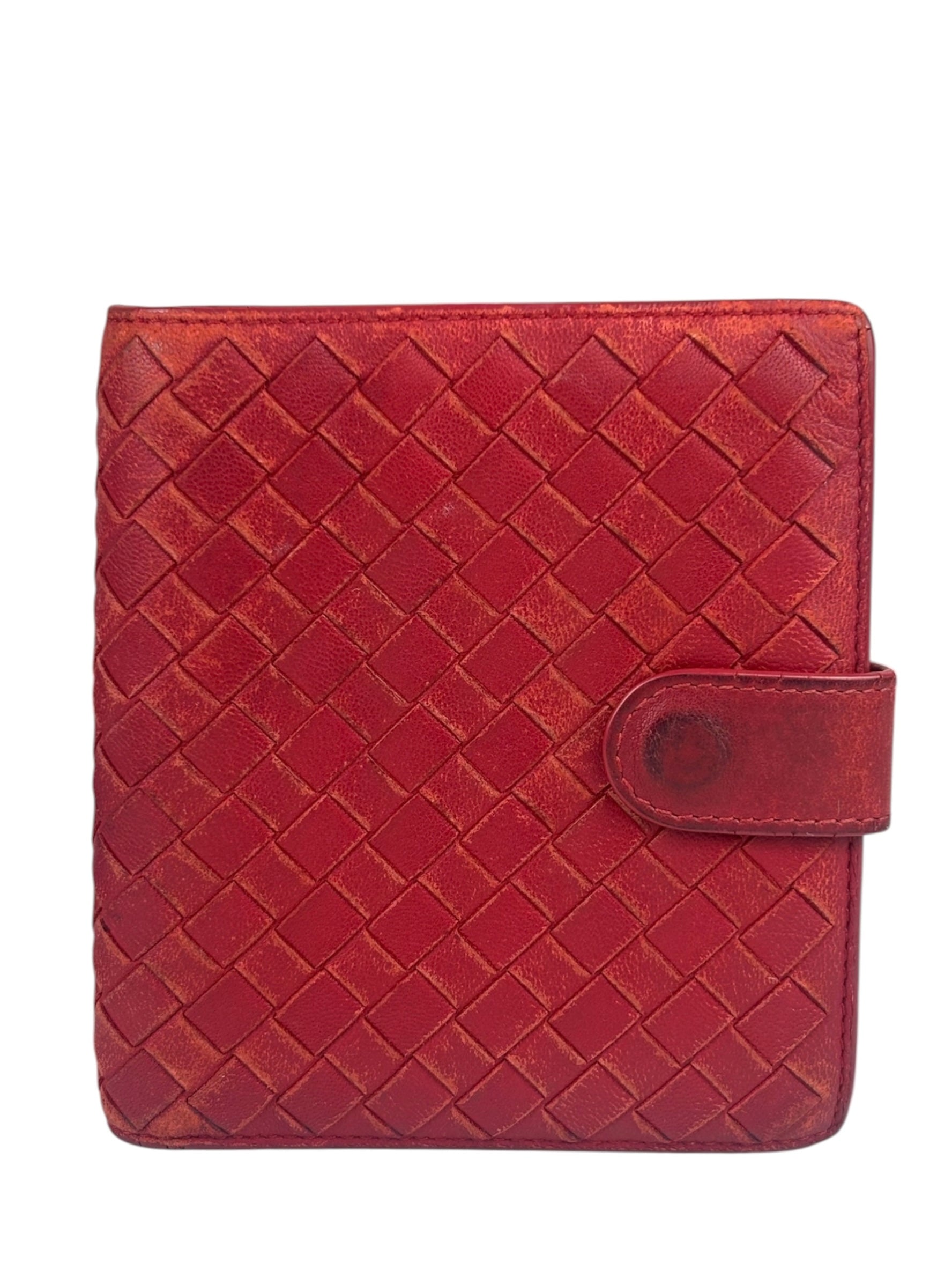 Bottega Veneta Red Leather Nappa Intercciato French Compact Wallet