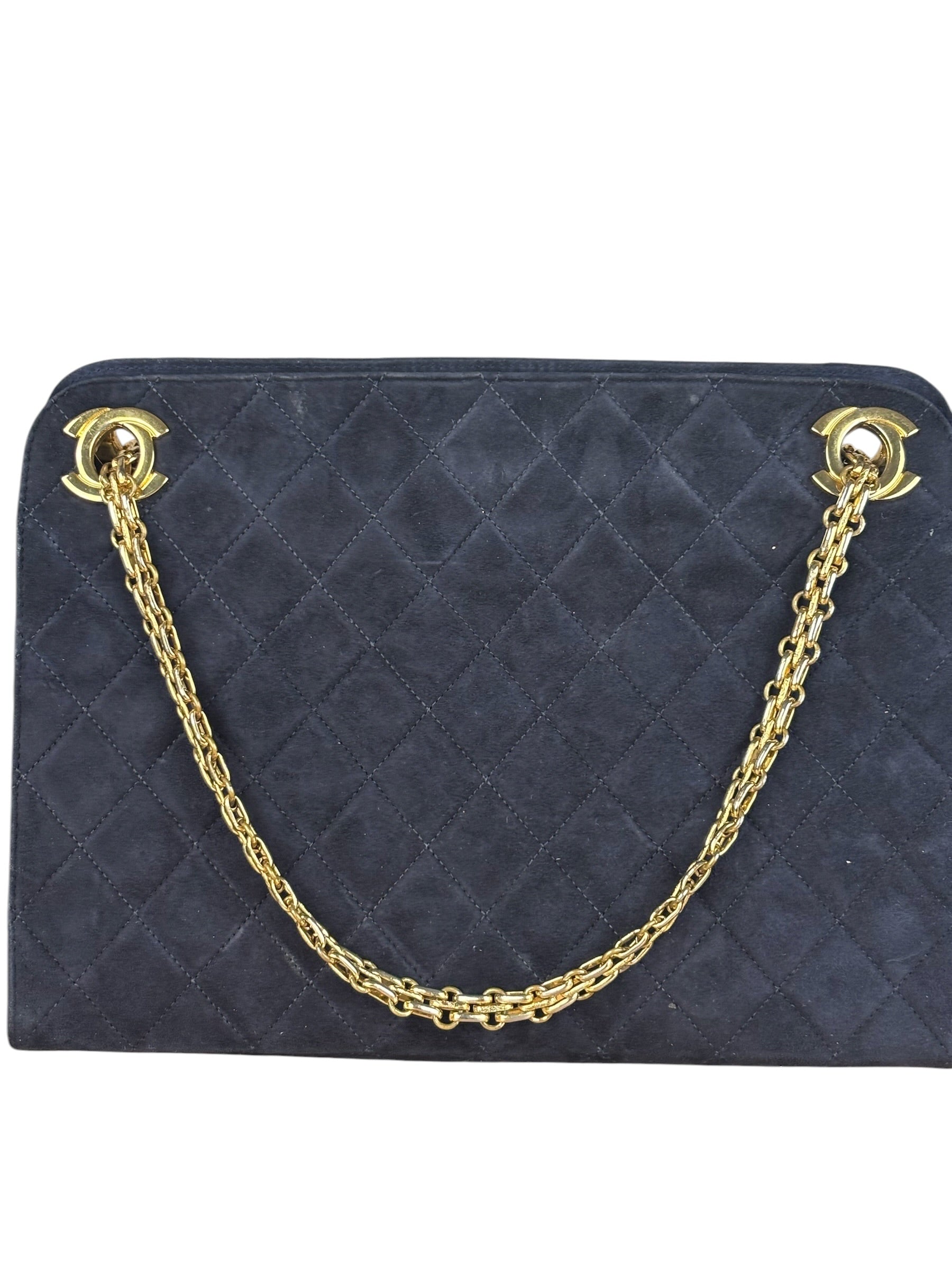 Chanel Vintage Navy Blue Matelasse Quilted Suede Chain Shoulder Bag