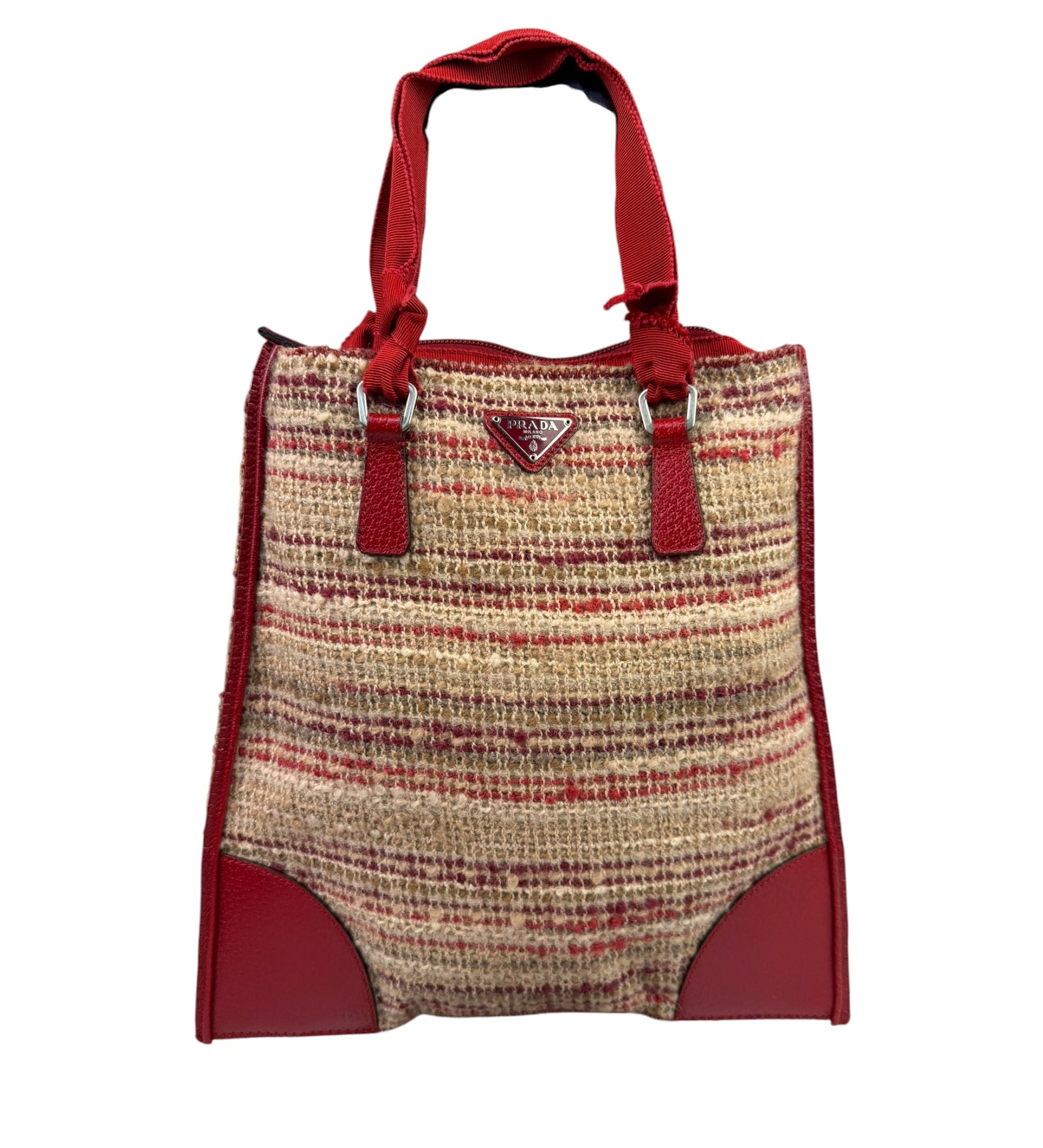 Prada Vintage Multicolor Tweed/Leather Trim Flat Tote Bag