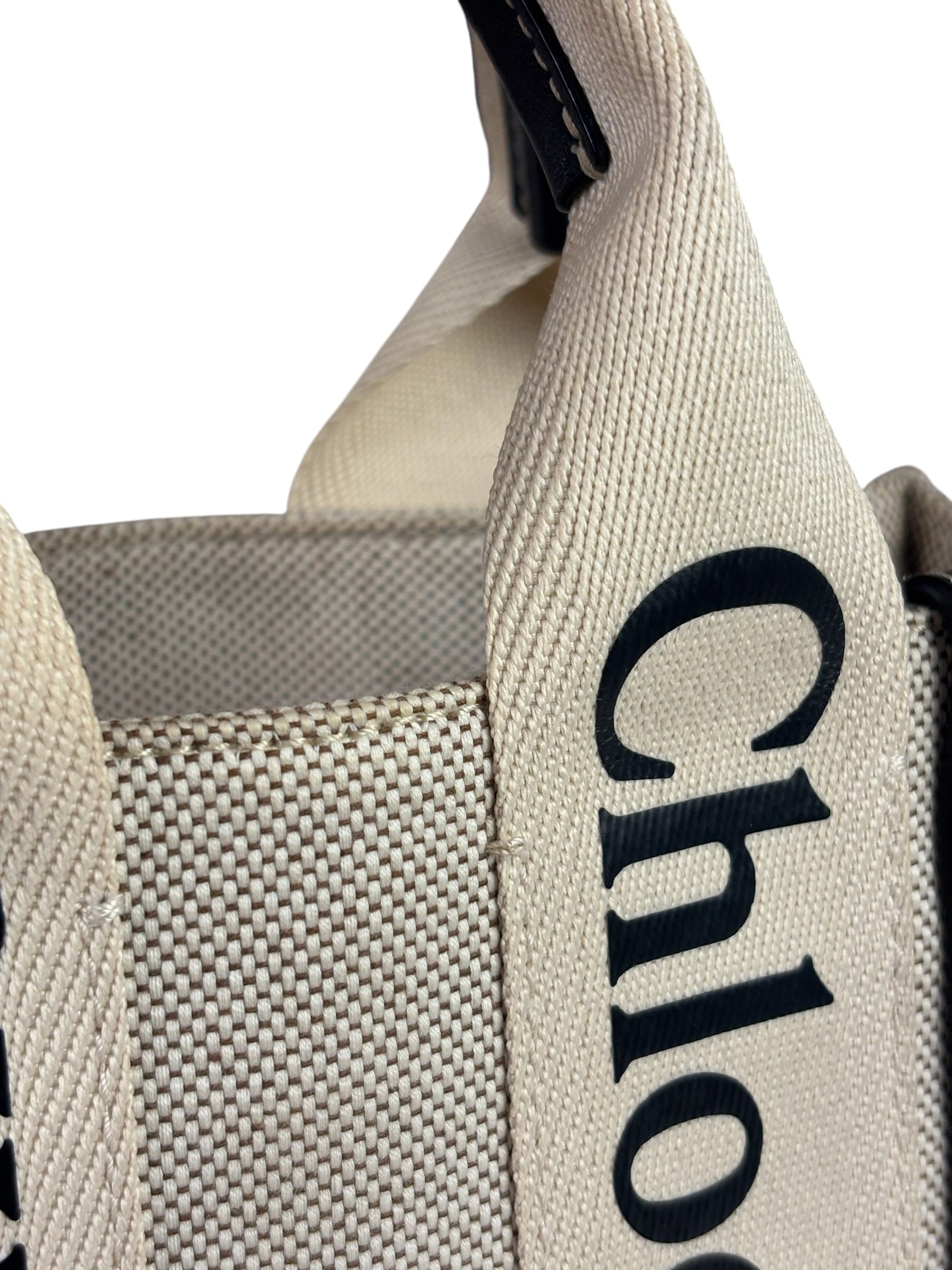 Chloe Beige Leather Trim Woody Tote Bag