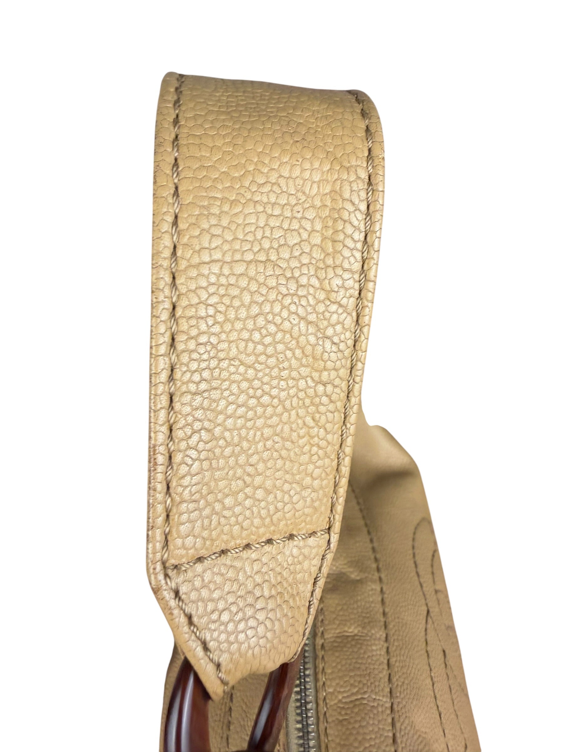 Chanel CC Vintage Beige Leather Caviar Wood Chain Hobo Bag