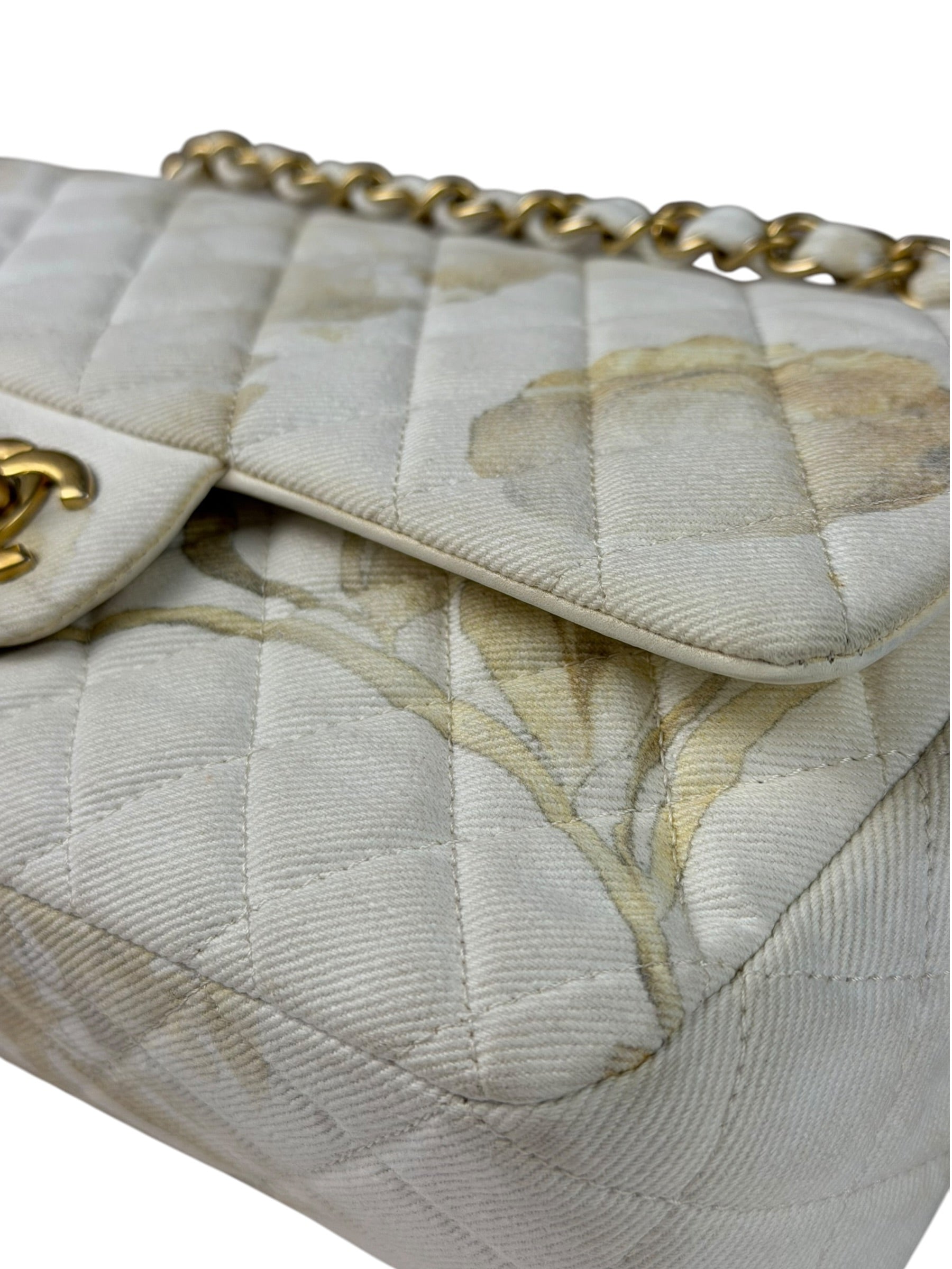 Chanel White Denim/Leather Trim Greek Collection Flower Double Flap Bag 2018