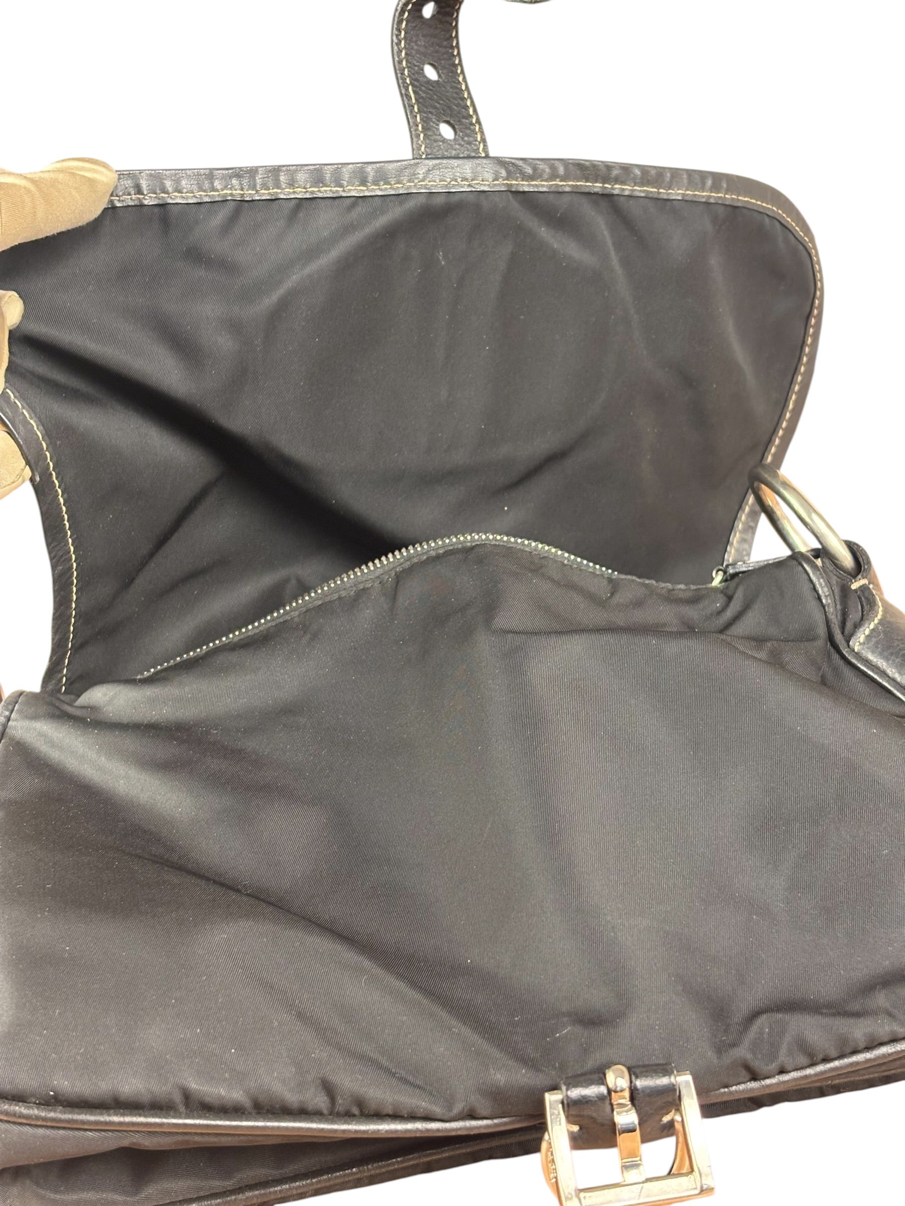 Damaged Prada Vintage Black Tessuto Nylon Leather Trim Saddle Flap Shoulder Bag