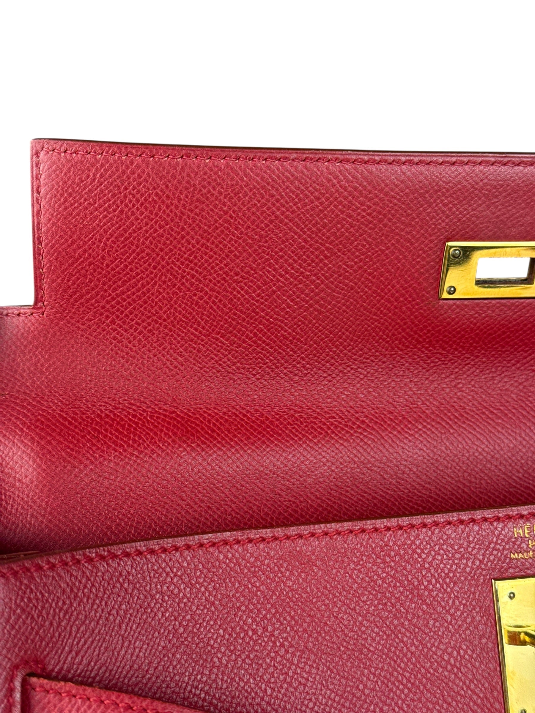 Hermes Kelly 32 Courchevel Rouge Vif Gold Handbag 1997