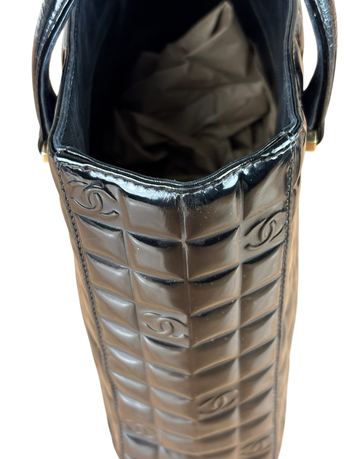 Chanel Black Patent Leather Chocolate Bar Tote Early 2000's