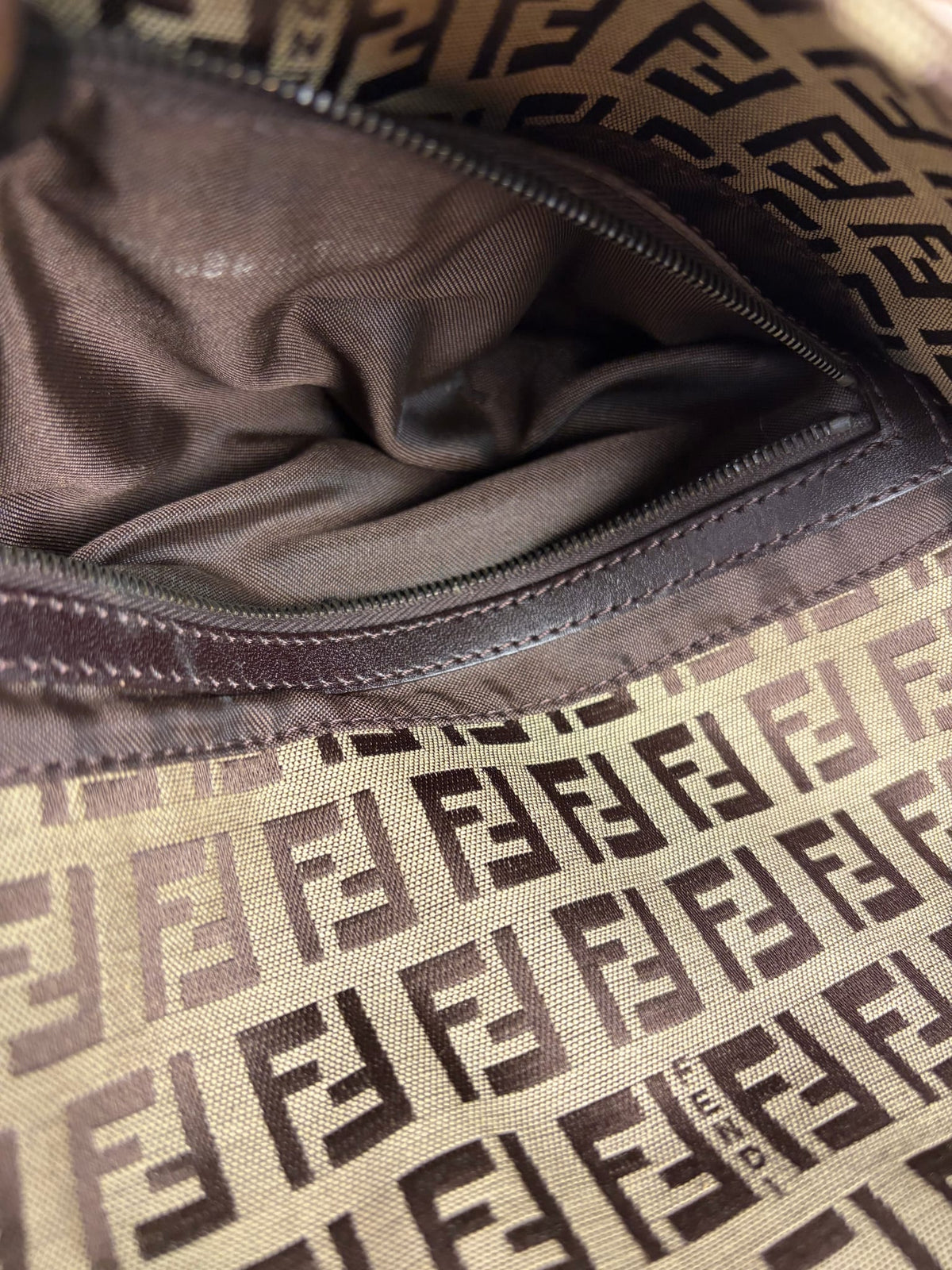 Fendi Beige/Brown Leather Trim Zucca Baguette