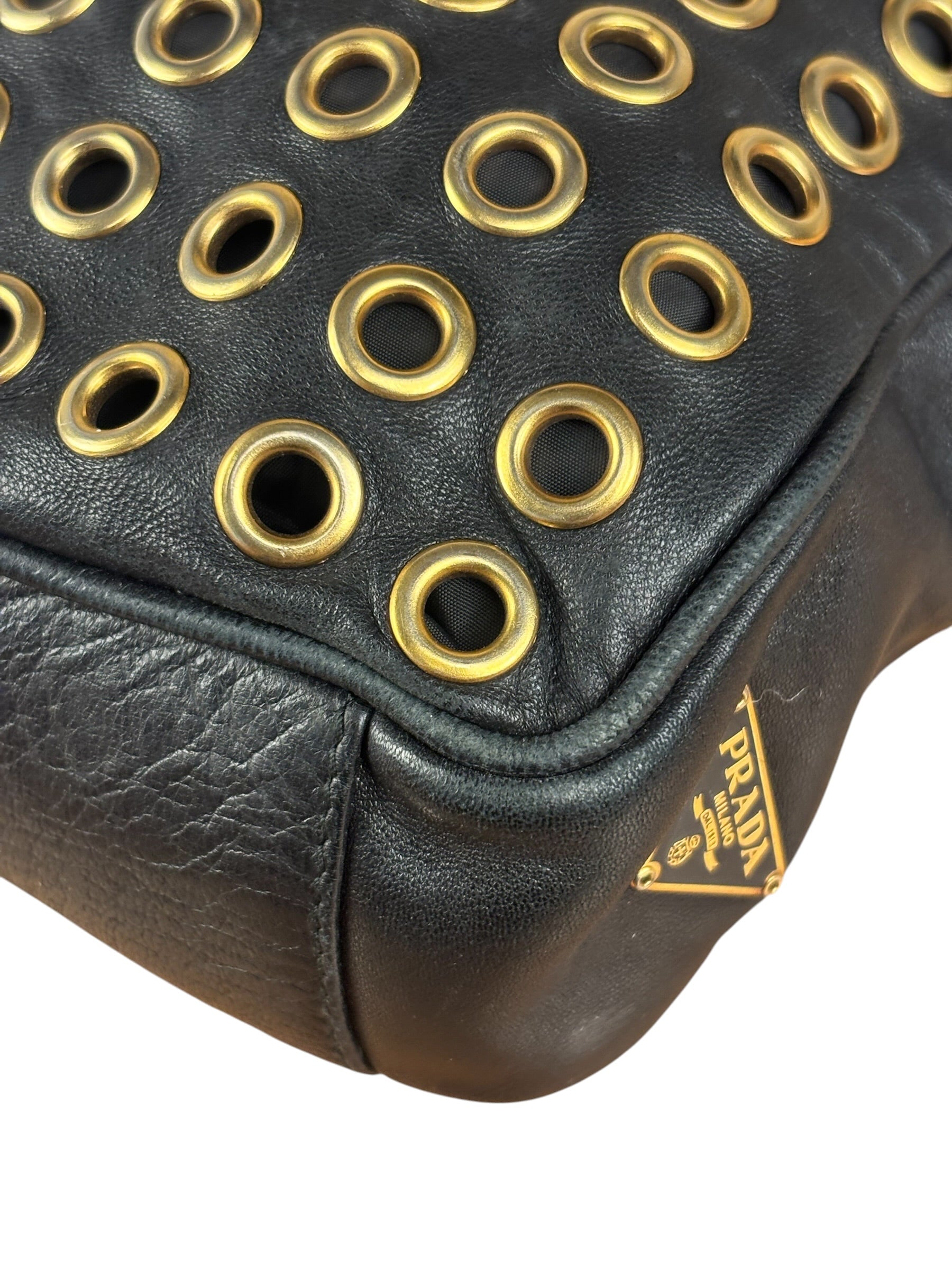 Prada Vintage Black Leather Nappa Metal Grommet Bauletto Handbag