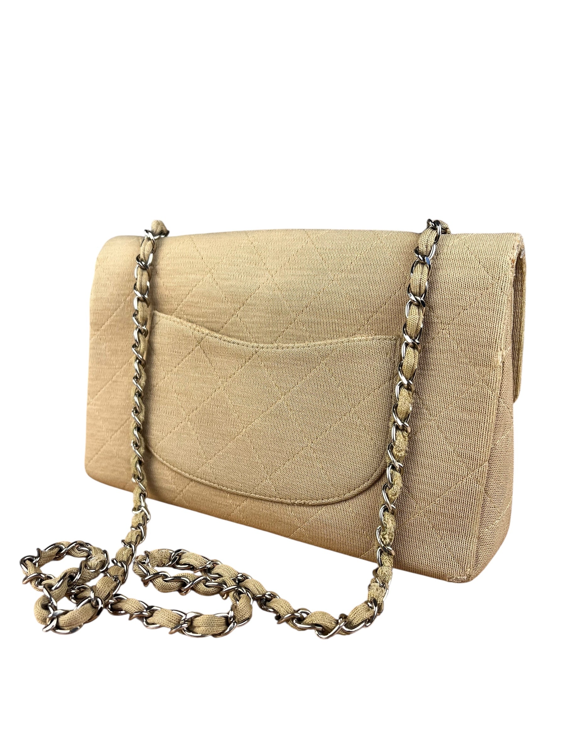 Chanel Vintage Beige Jersey Quilted Classic Flap Bag