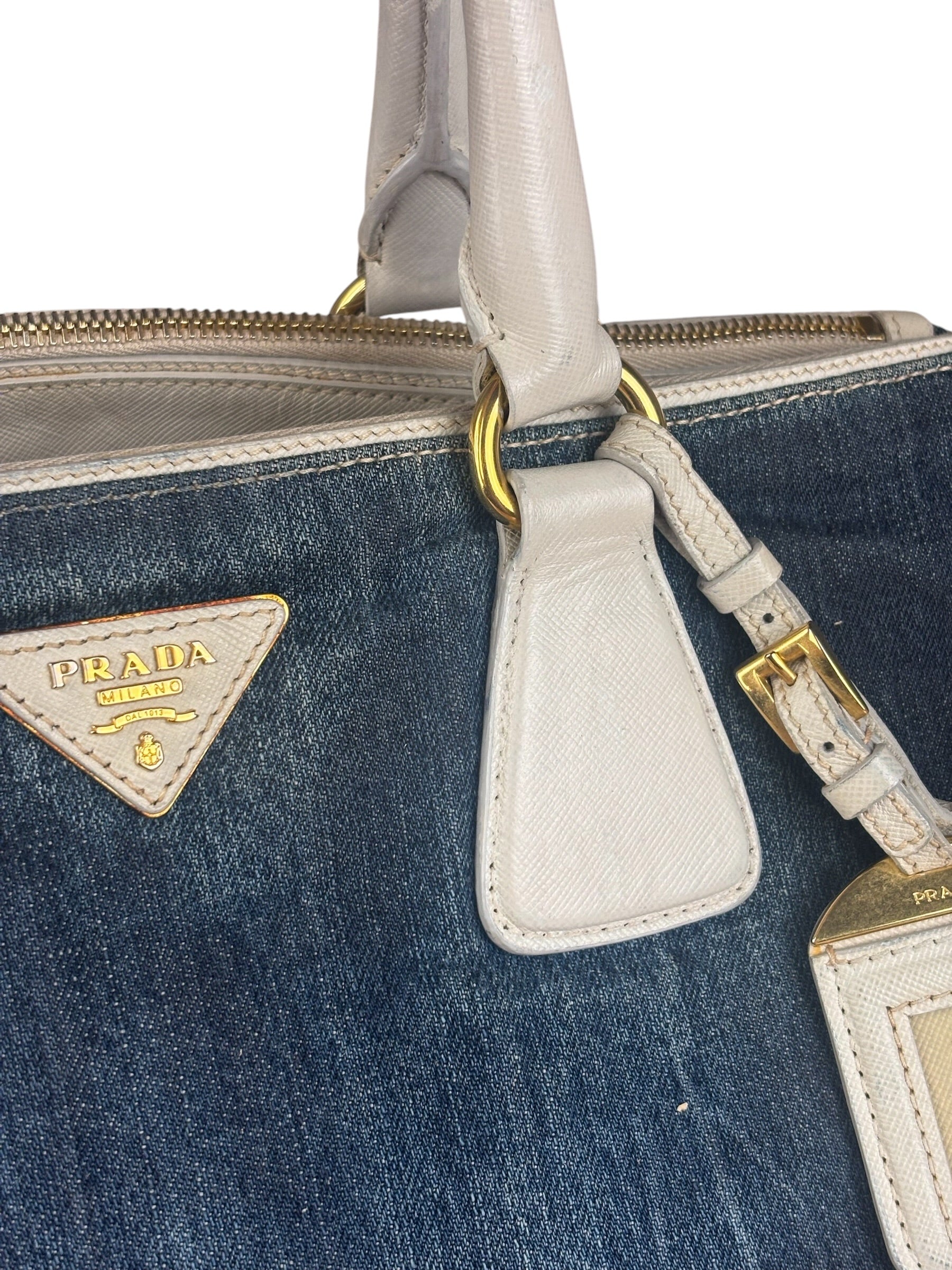 Prada Denim White Leather Trim Saffiano Handbag