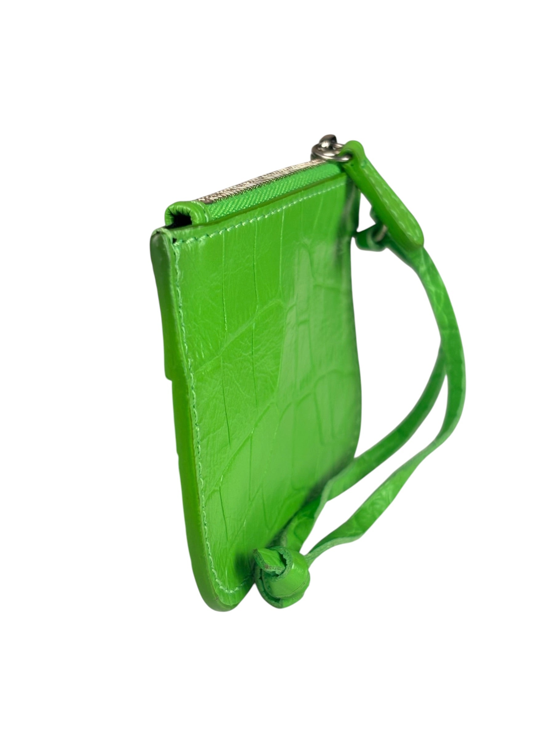 Balenciaga Neon Green Crocodile-Embossed Coin/Card Holder