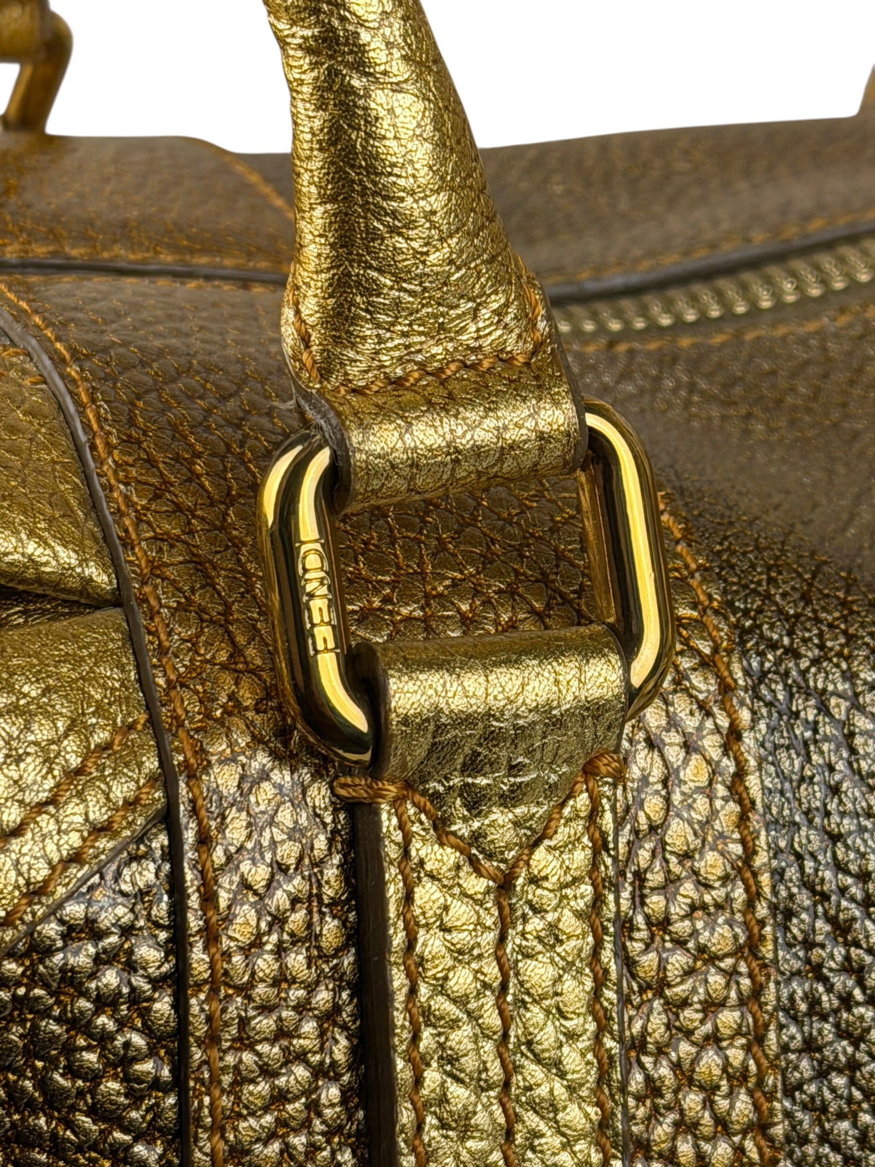 Fendi Metalic Gold Patent Pebbled Leather Media Boston Bag