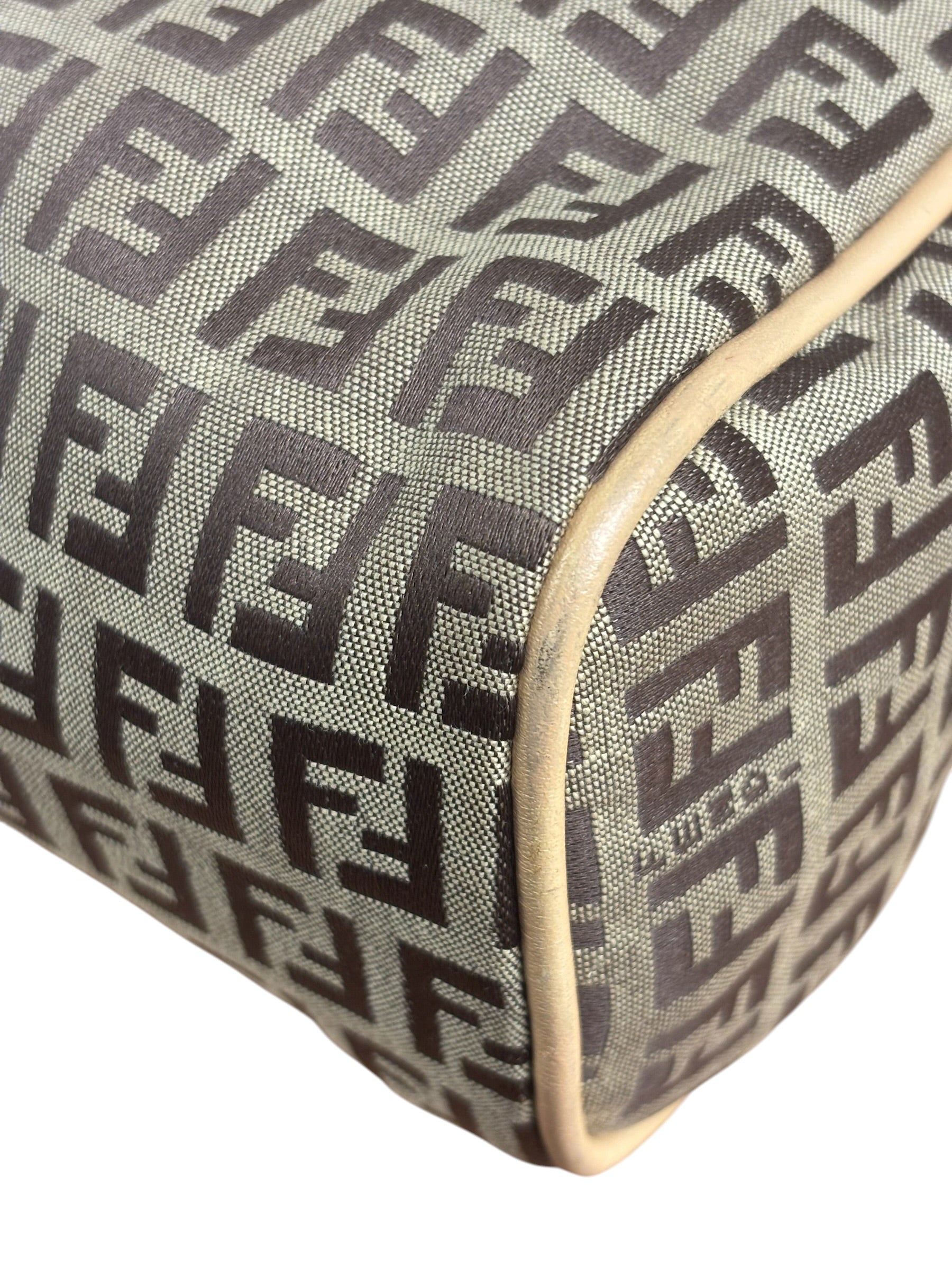 Fendi Beige Leather Trim Zucca Small Boston Bag