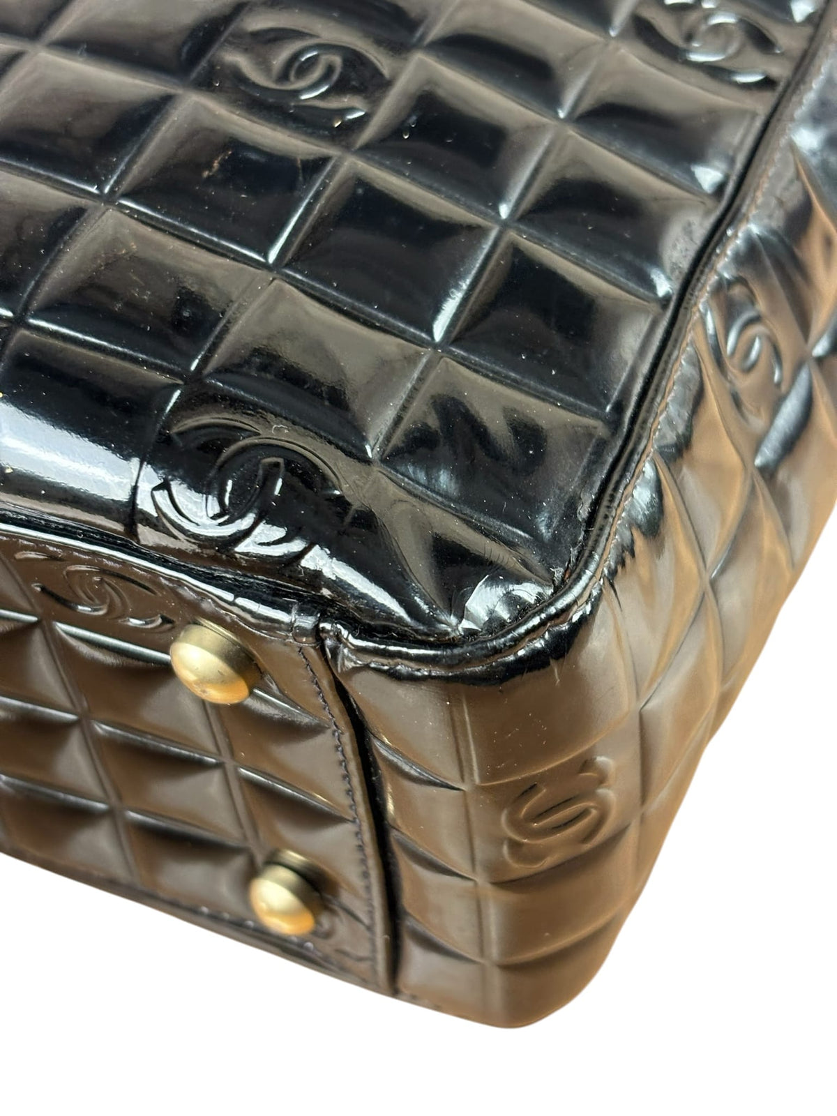 Chanel Black Patent Leather Chocolate Bar Tote Early 2000's