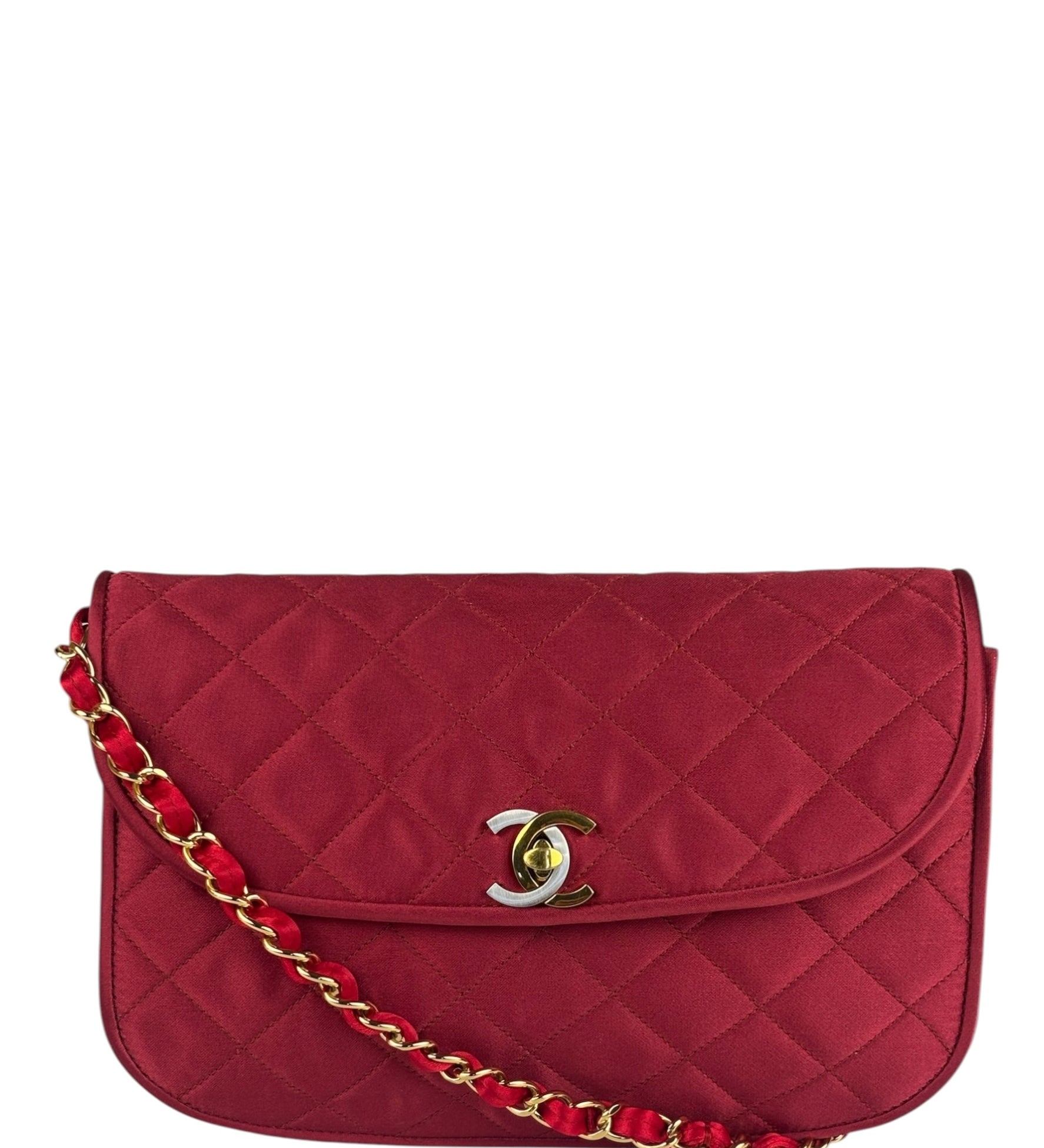Chanel Vintage Two Tone Red Satin Flap 1989