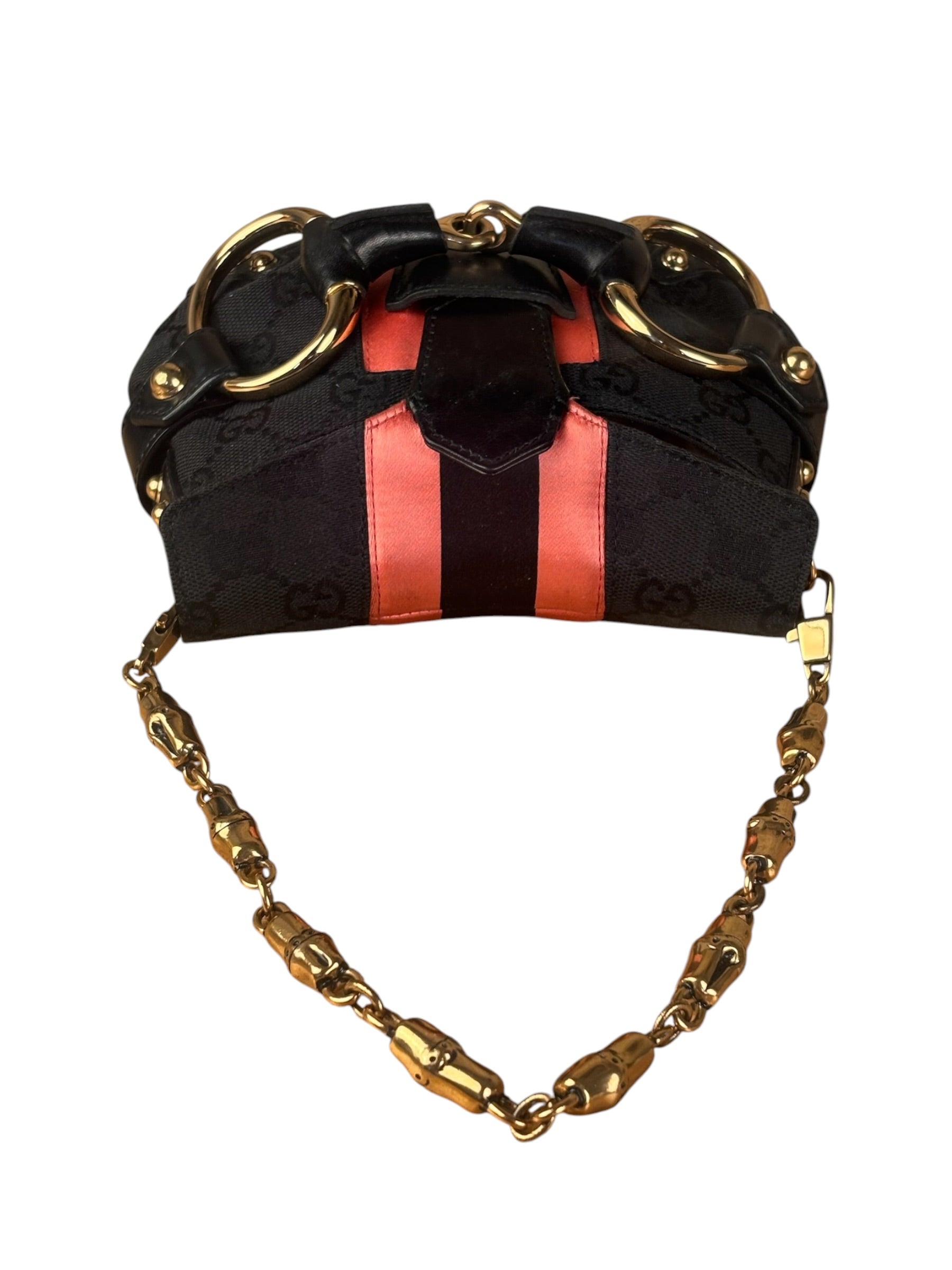 Gucci GG Black/Pink Canvas Horsebit Chain Shoulder Bag