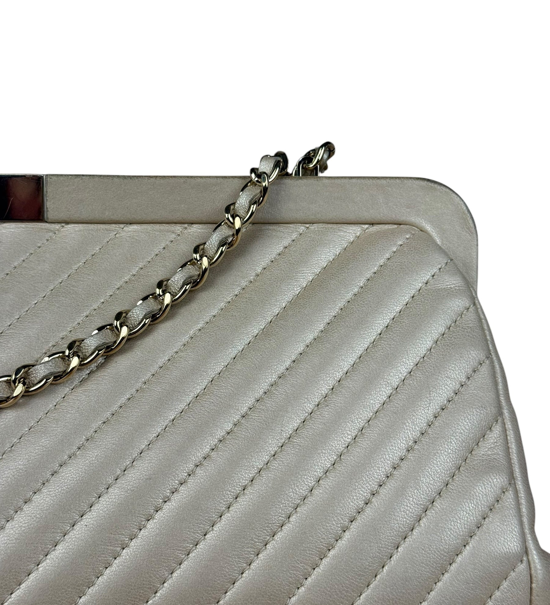 Chanel Beige Metallic Chevron Leather Clutch Shoulder Bag
