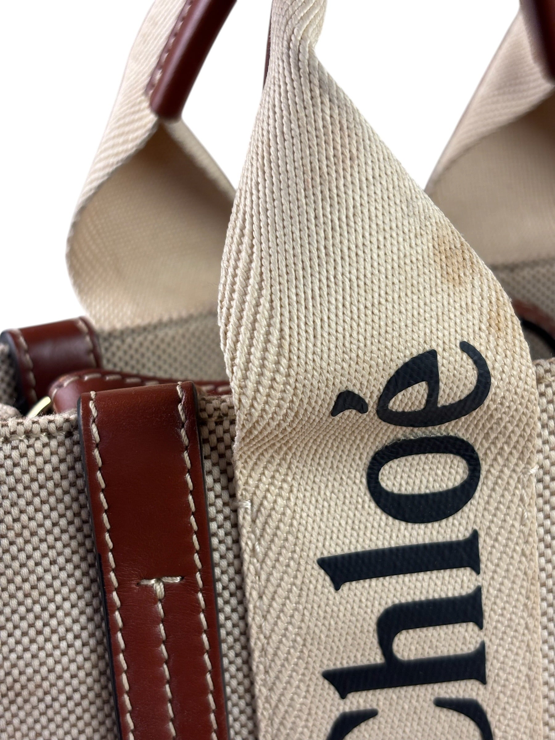 Chloe Beige/Brown Leather Trim Small Woody Two-Way Tote