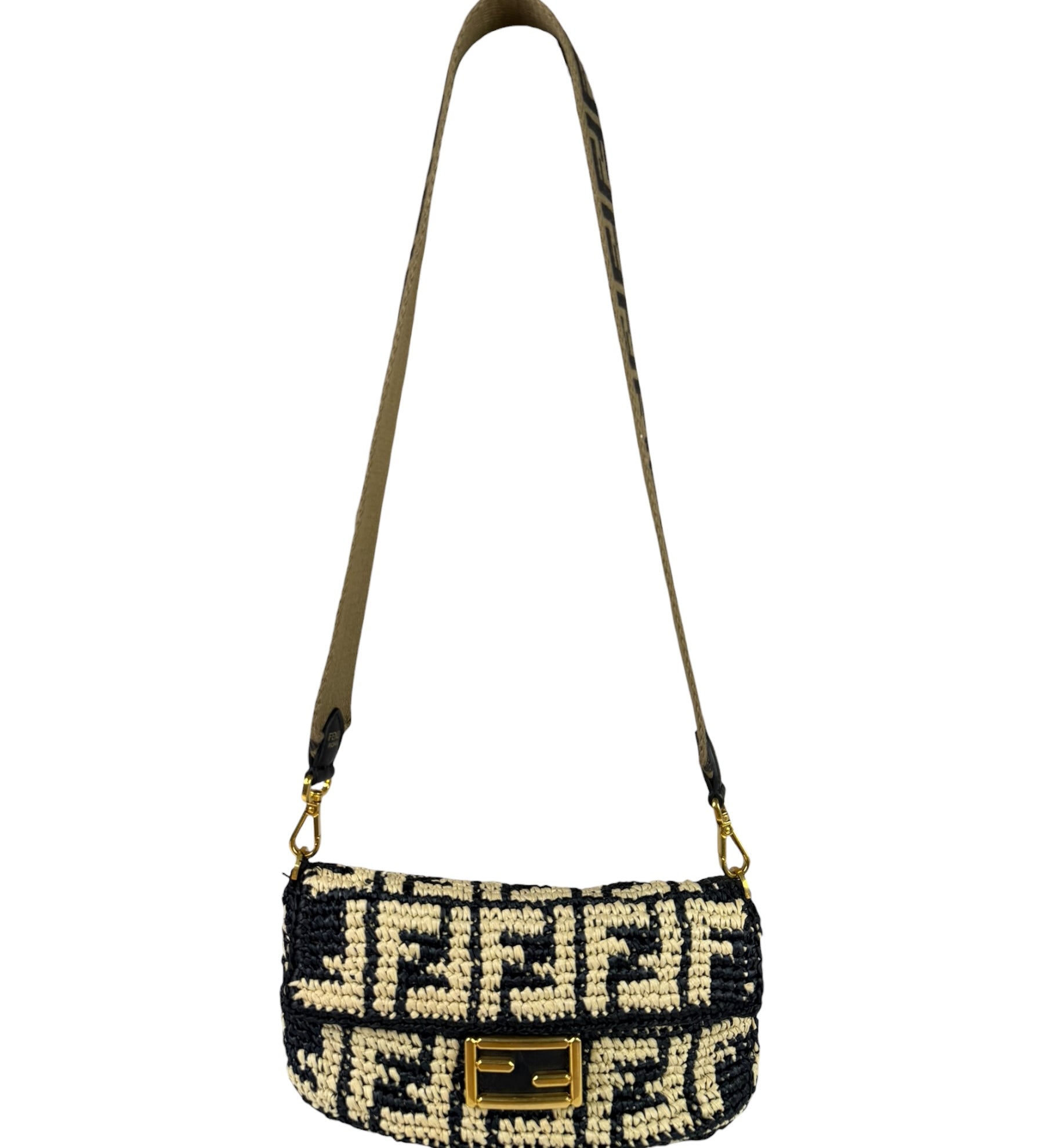 Fendi Black Raffia Zucca Shoulder Baguette