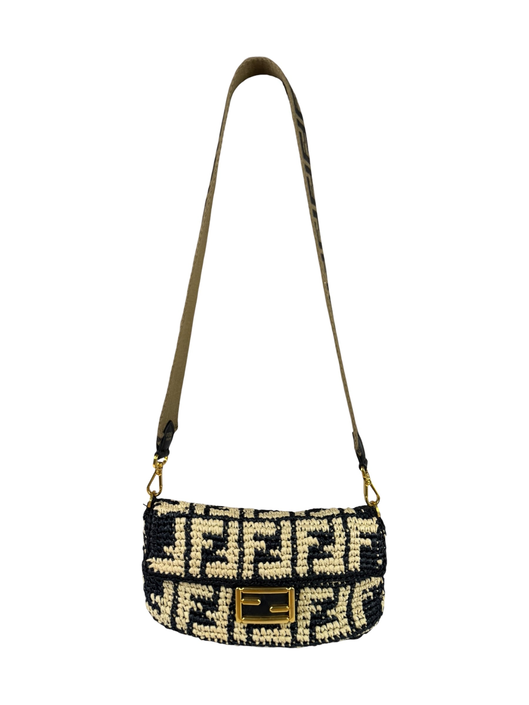 Fendi Black Raffia Zucca Shoulder Baguette