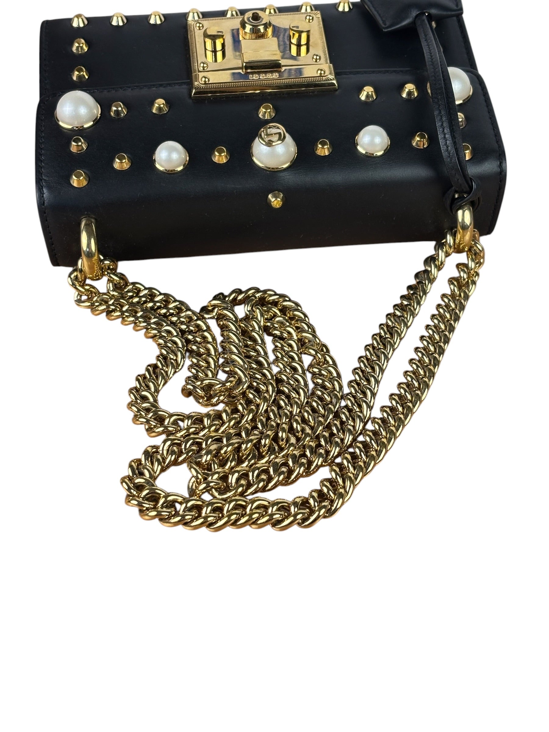 Gucci Small Pearl Studded Leather Padlock Crossbody Black