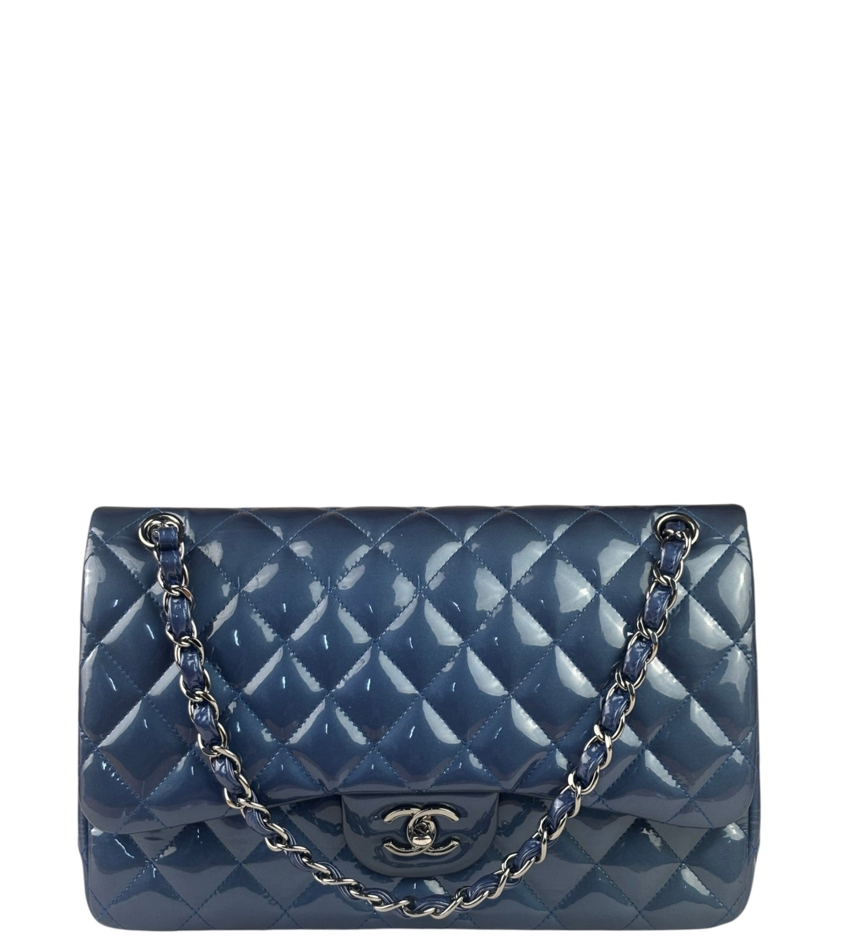 Chanel Perl Glossy Blue Quilted Patent Leather Double Flap Bag 2012
