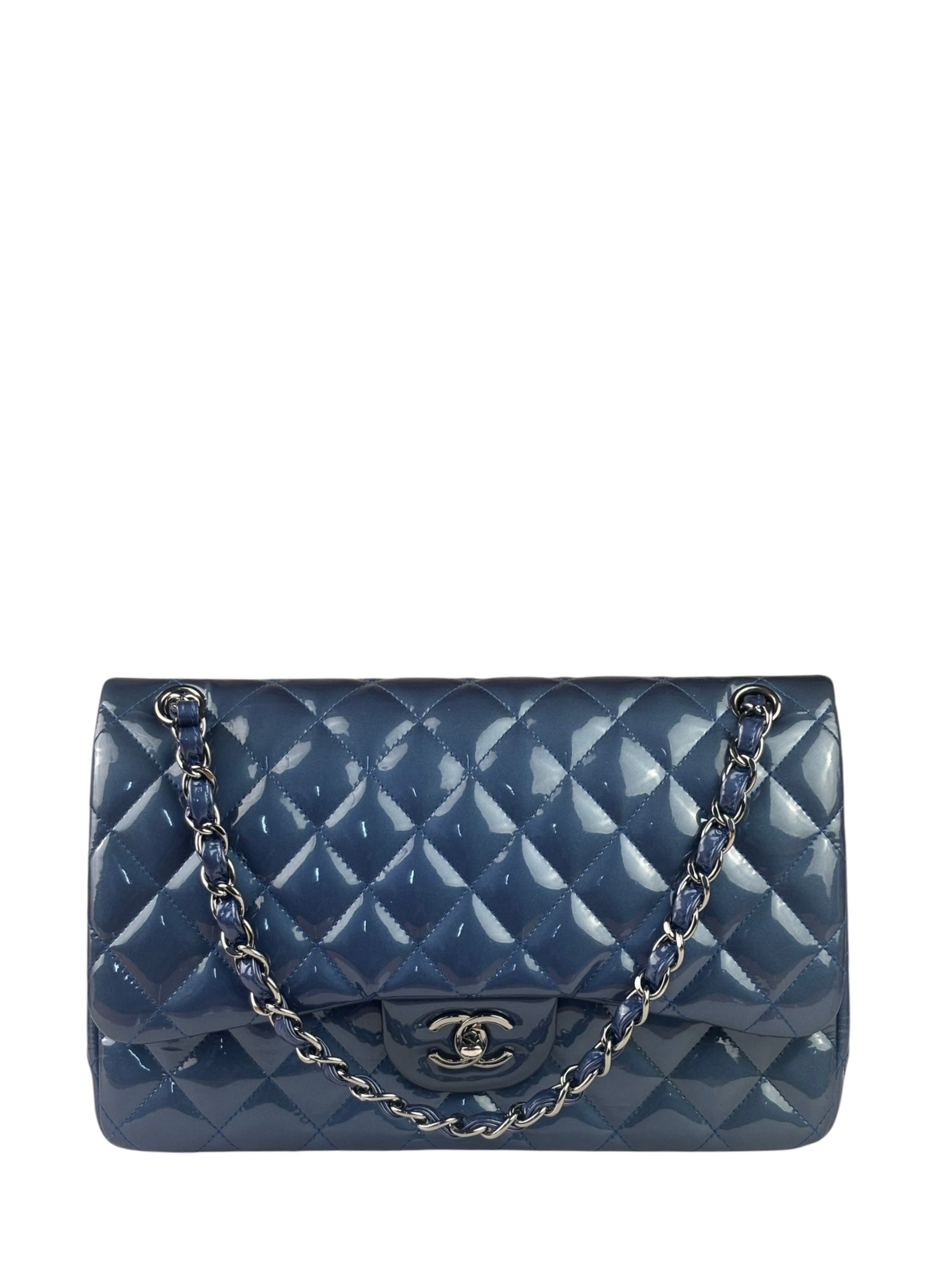 Chanel Perl Glossy Blue Quilted Patent Leather Double Flap Bag 2012