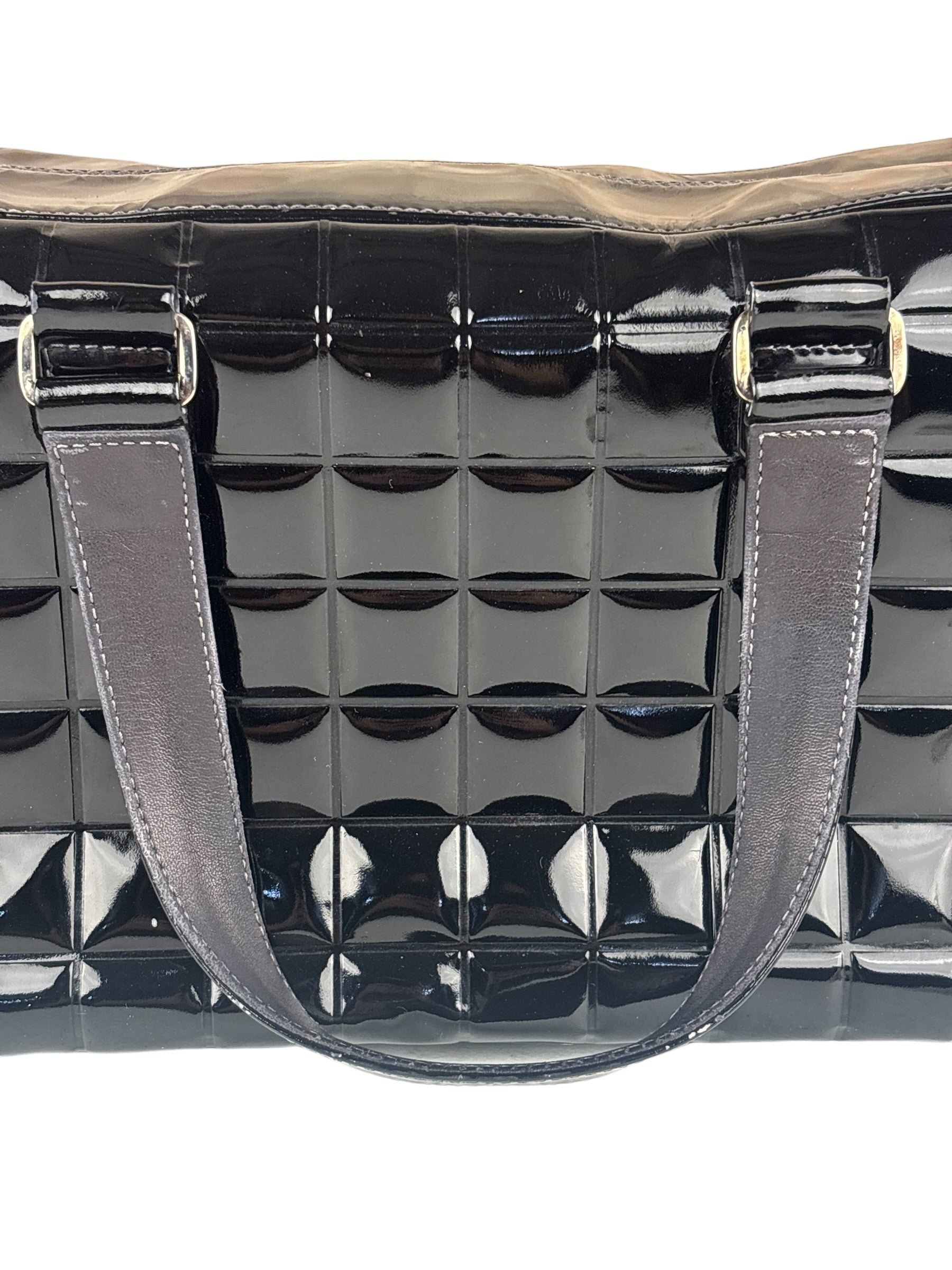 Chanel Black Leather Patent Chocolate Bar Bowler Hand Bag