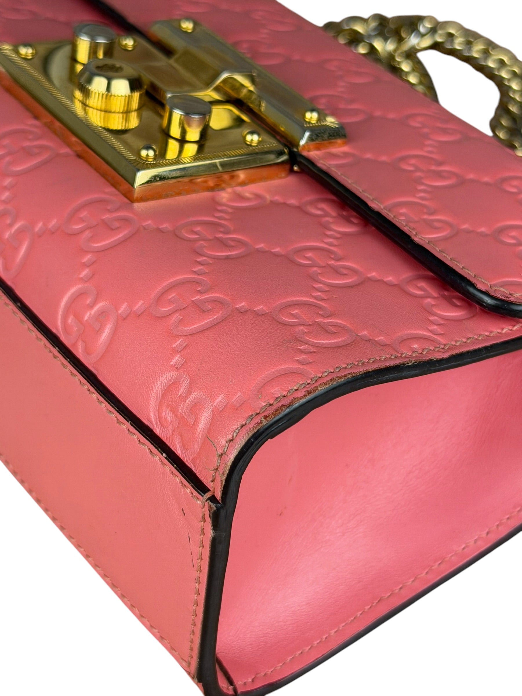 Gucci GG Pink Embossed Leather Small Padlock Chain Bag
