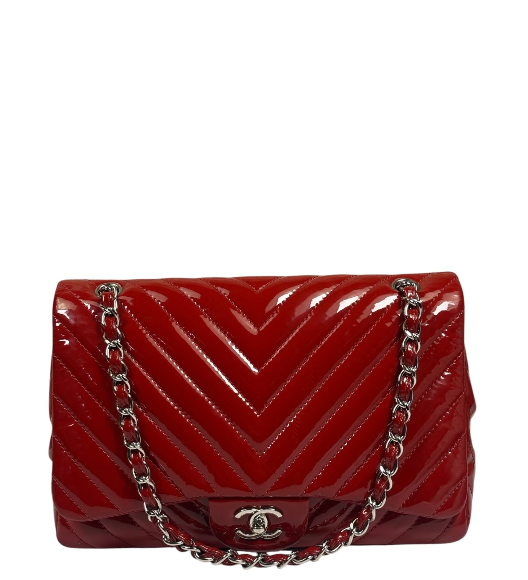 Chanel Red Patent Leather Chevron Jumbo Flap Bag 2009