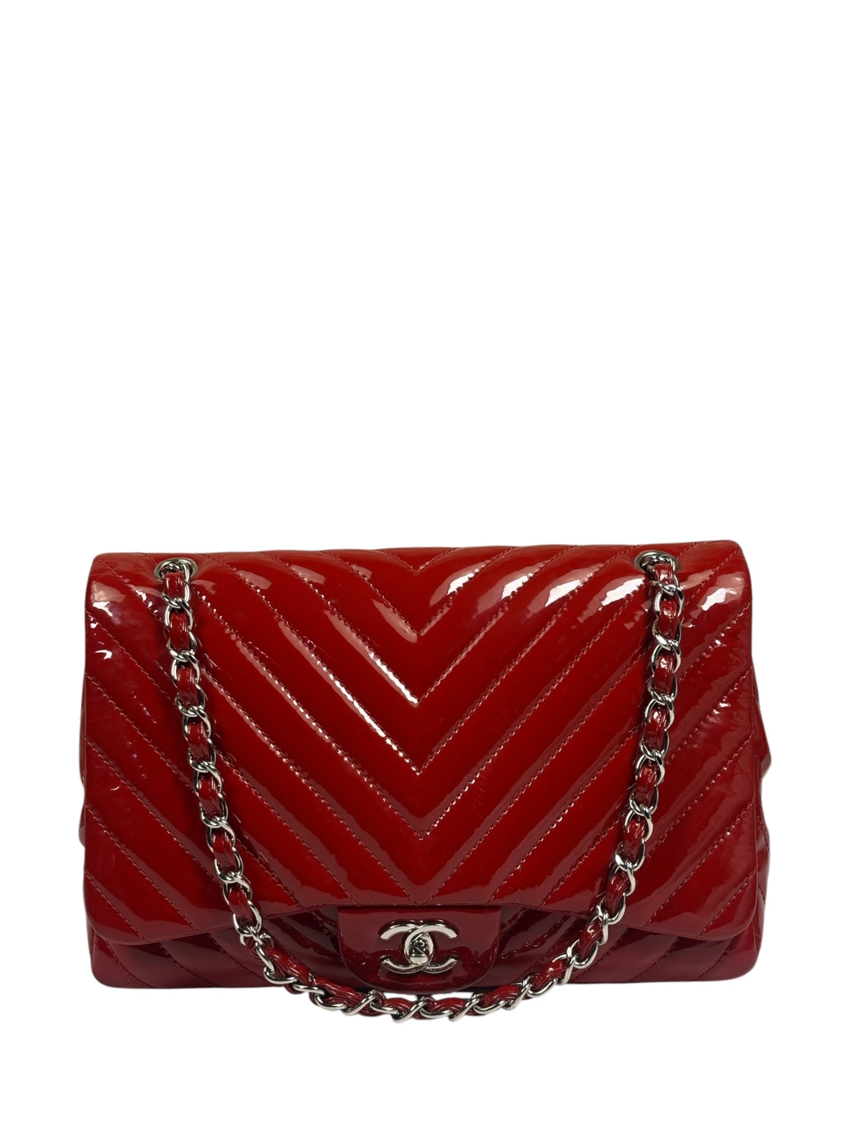 Chanel Red Patent Leather Chevron Jumbo Flap Bag 2009