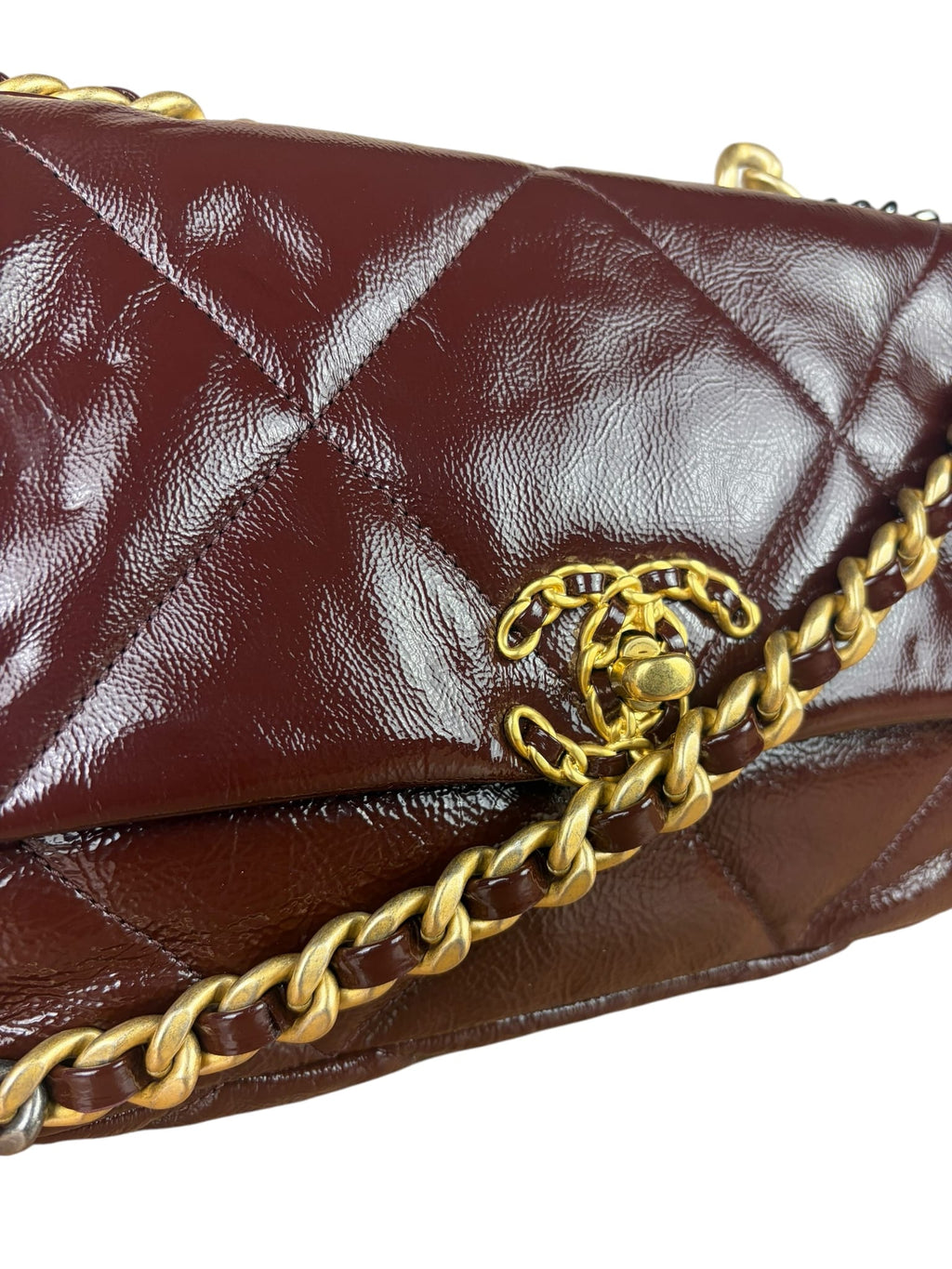 Chanel 19 Burgundy Quilted Patent Leather Two-Way Flap Bag 2020