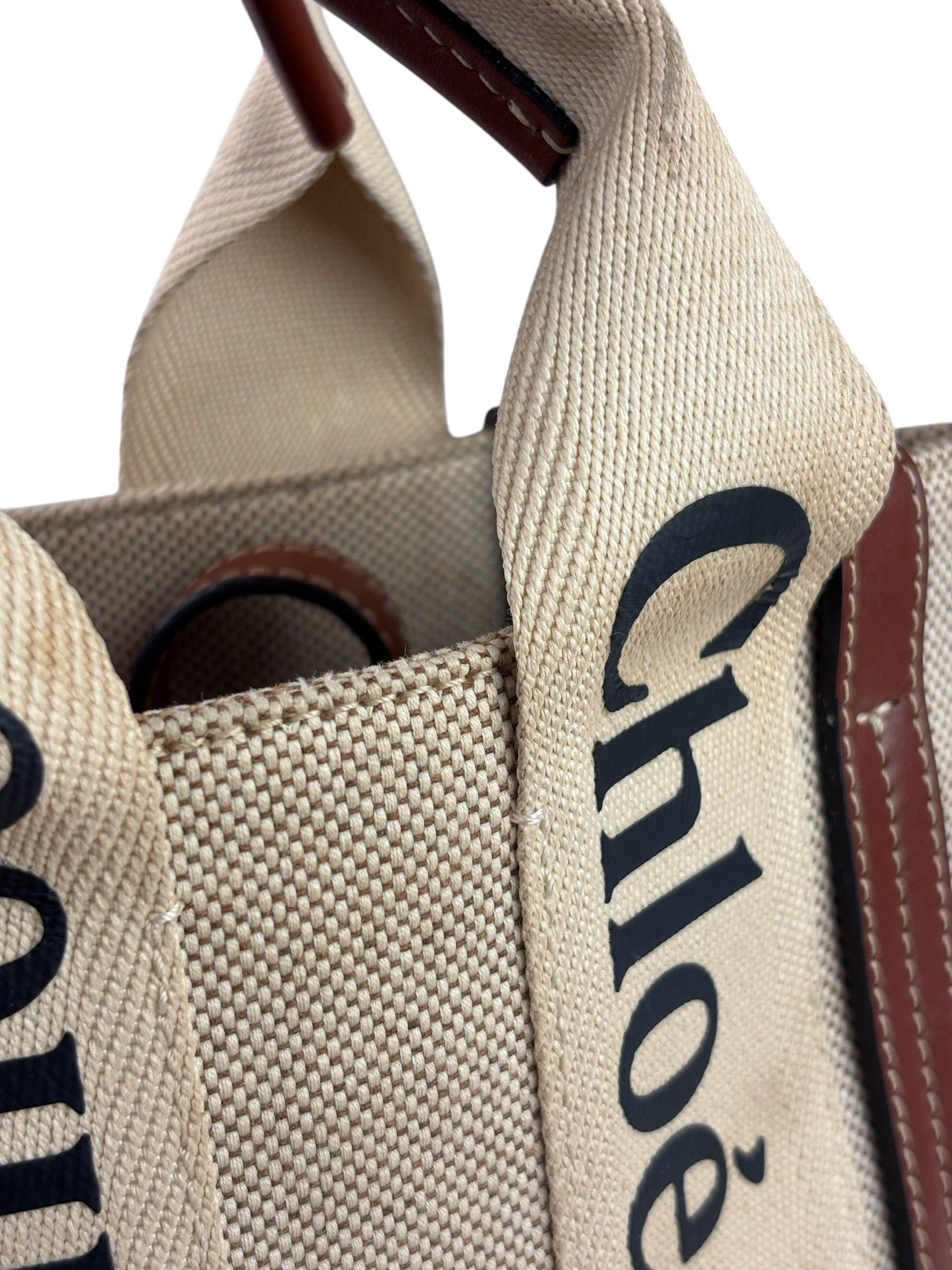 Chloe Beige/Brown Leather Trim Small Woody Two-Way Tote