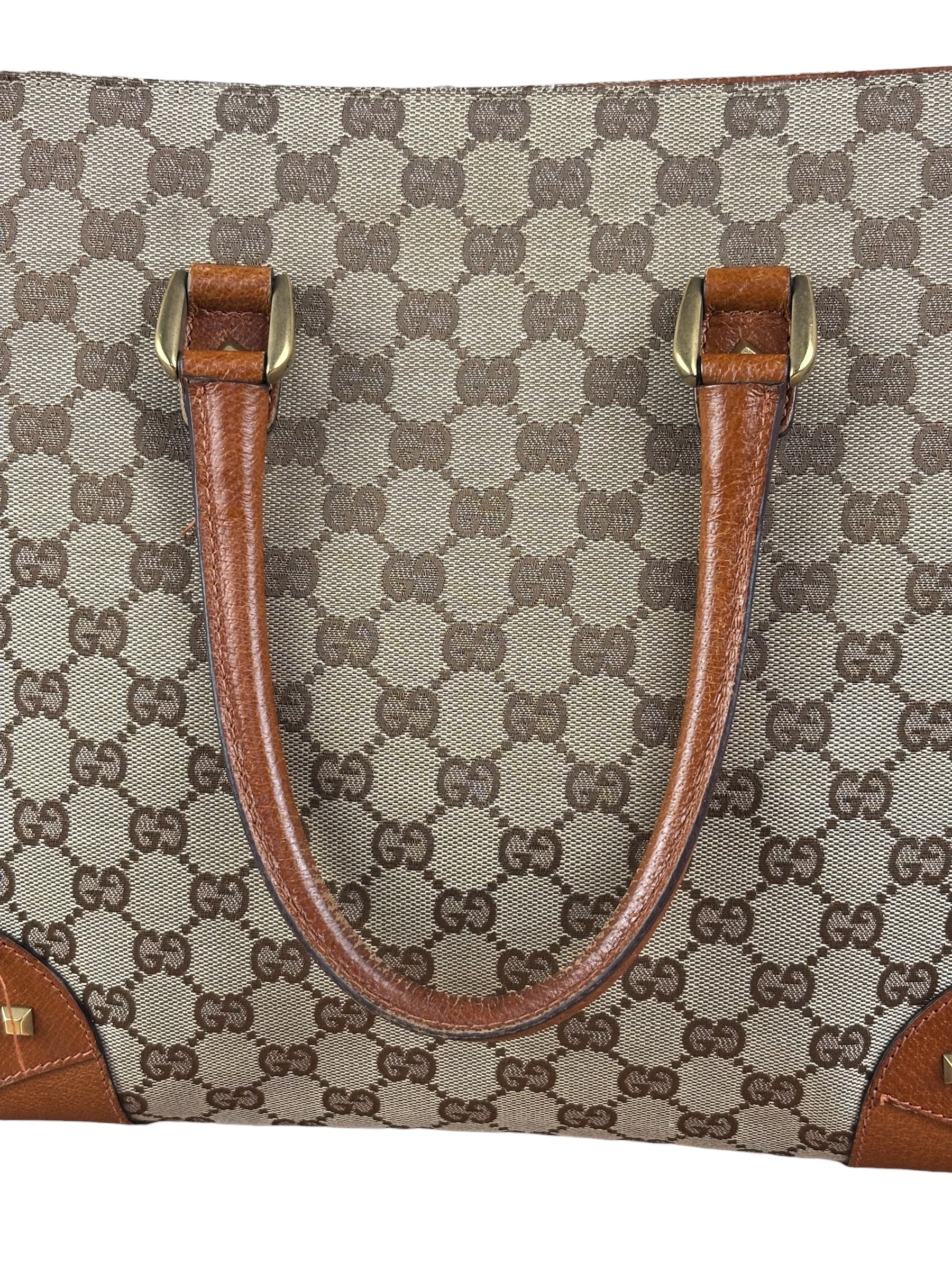 Gucci GG Brown Leather Trim Canvas Monogram Tote Bag