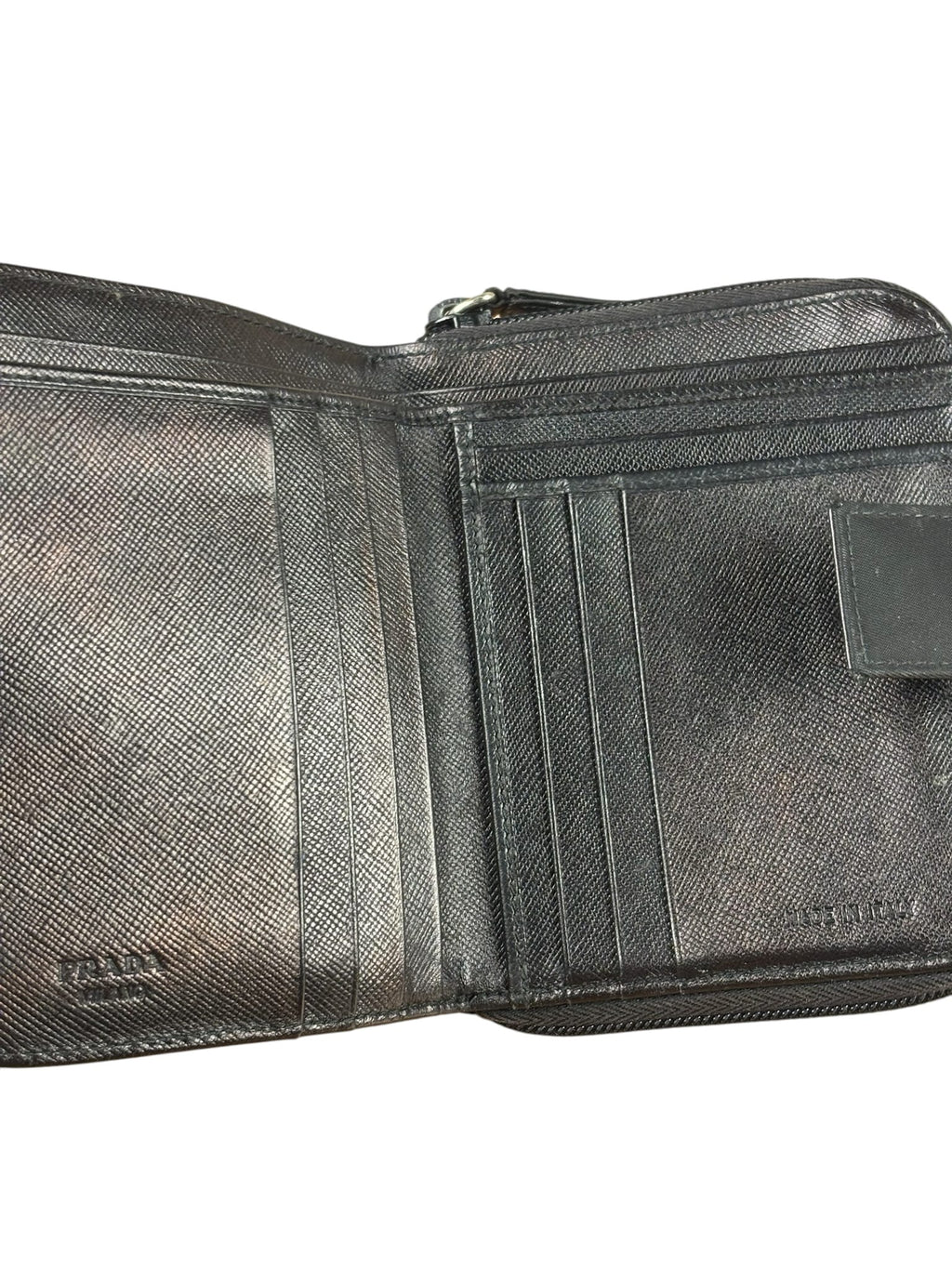 Prada Black Nylon Saffiano Leather Zip Bifold Wallet