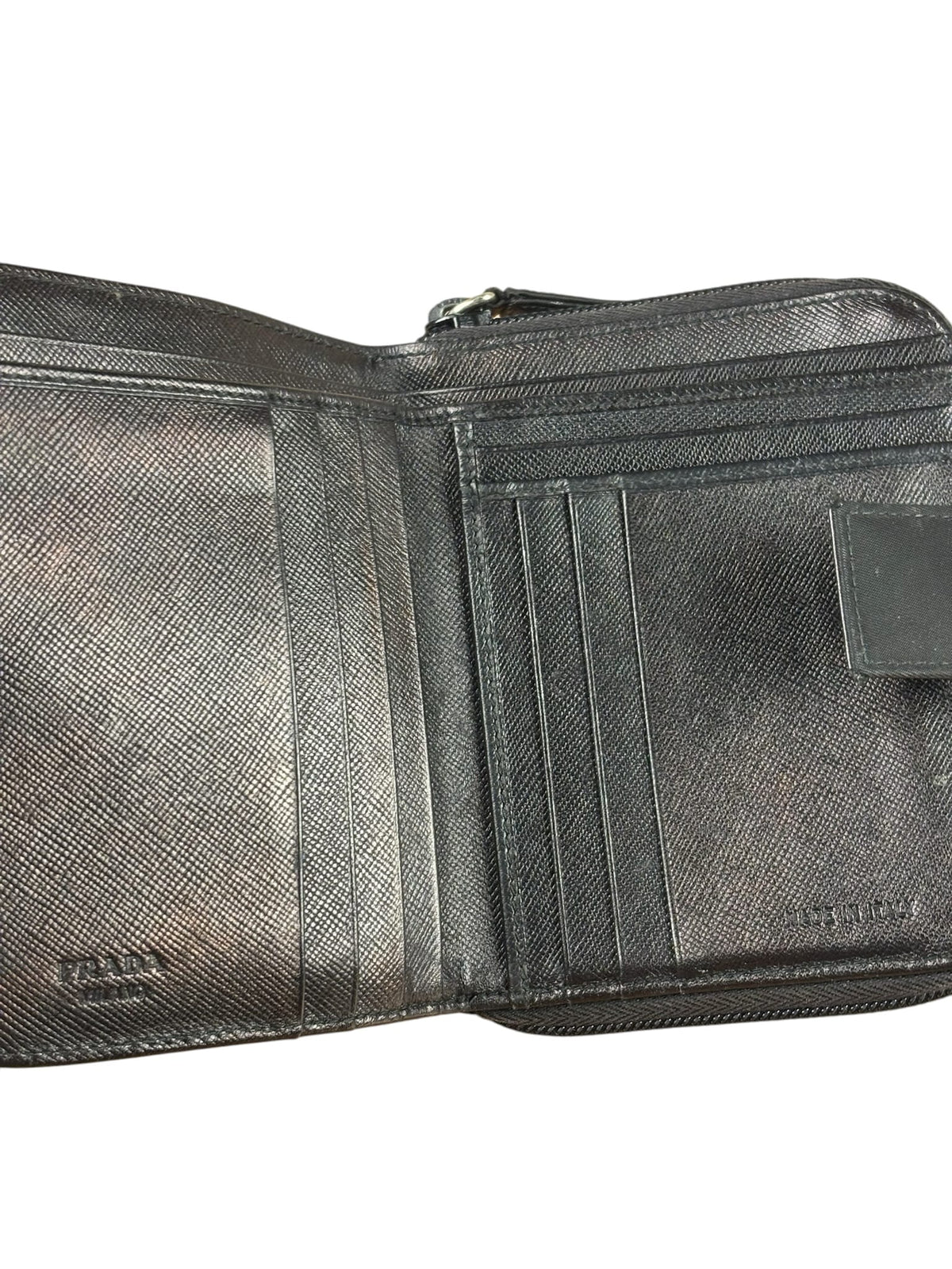 Prada Black Nylon Saffiano Leather Zip Bifold Wallet