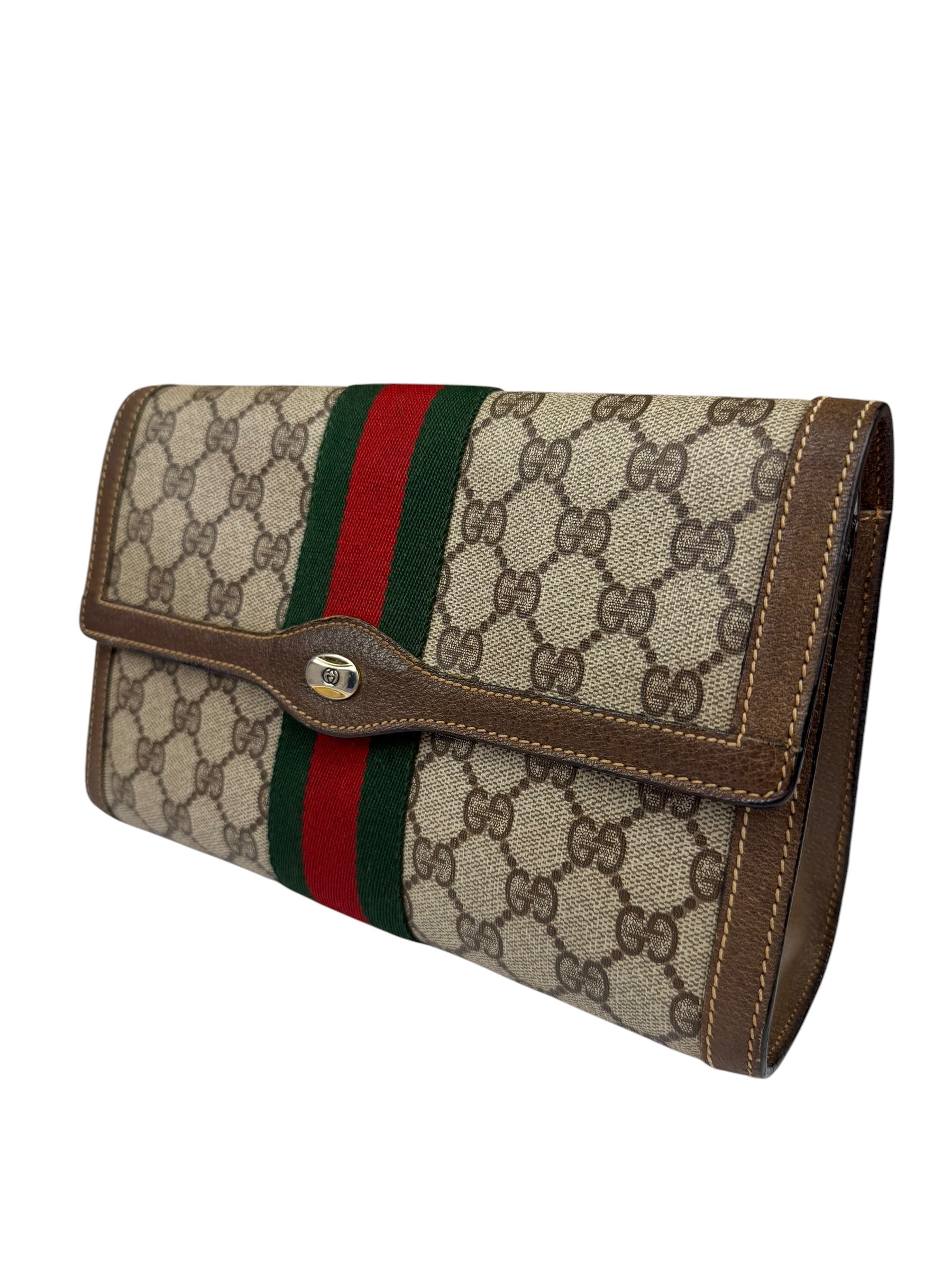 Gucci Brown Leather GG Supreme Web Stripe Clutch