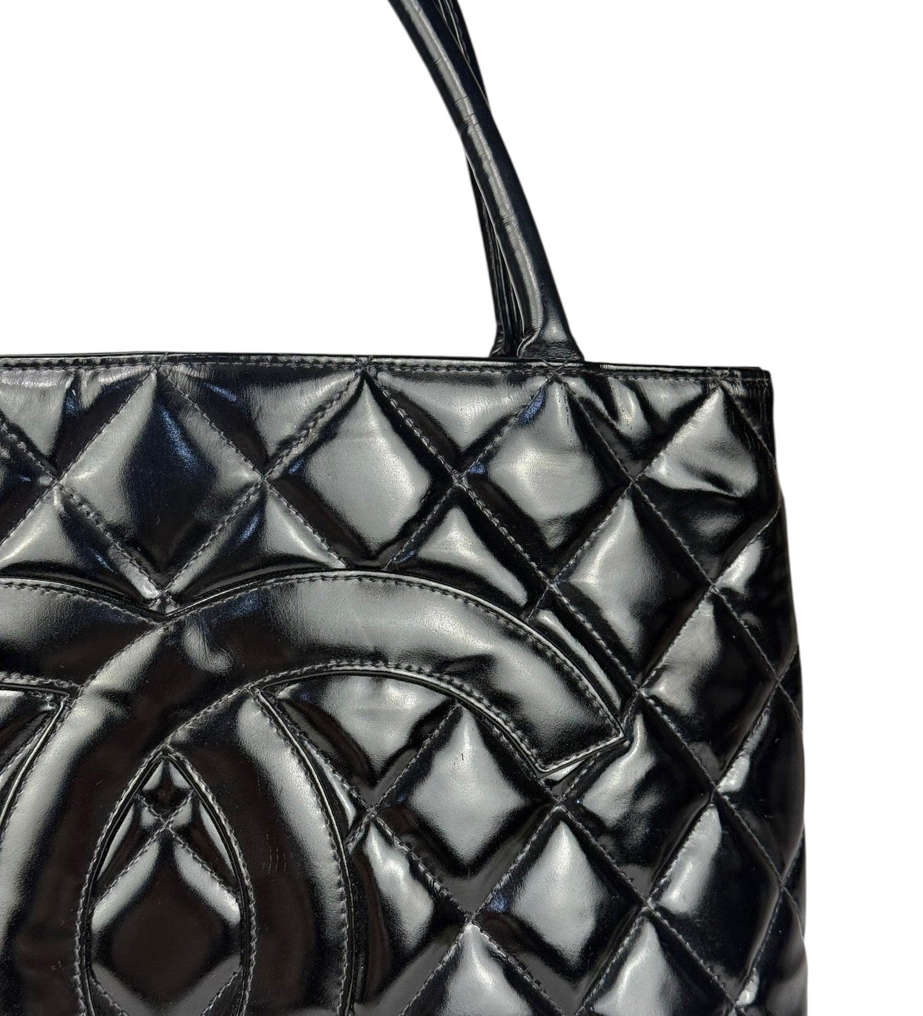 Chanel Black Patent Leather Medallion Tote Bag 1997