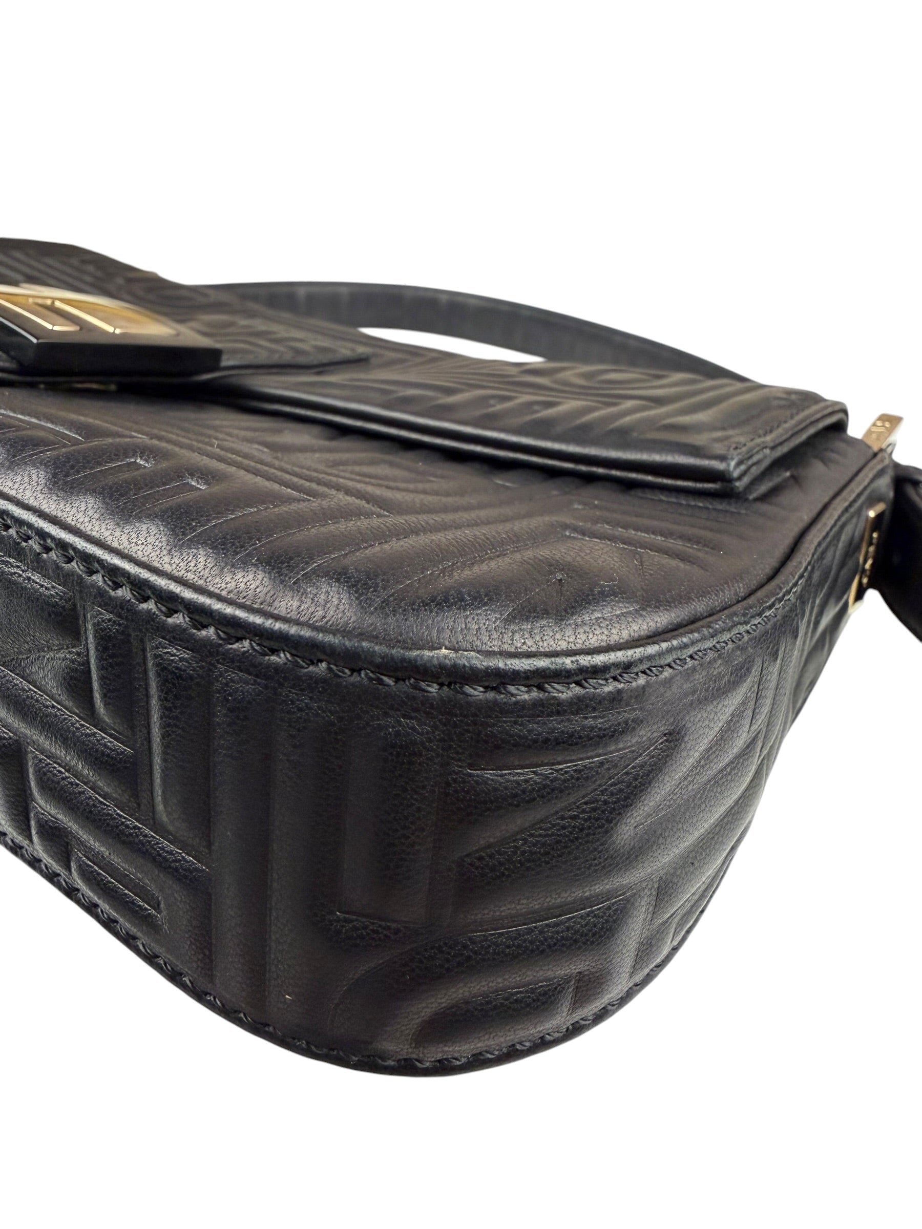 Fendi Black Leather 3D Logo Embossed Baguette