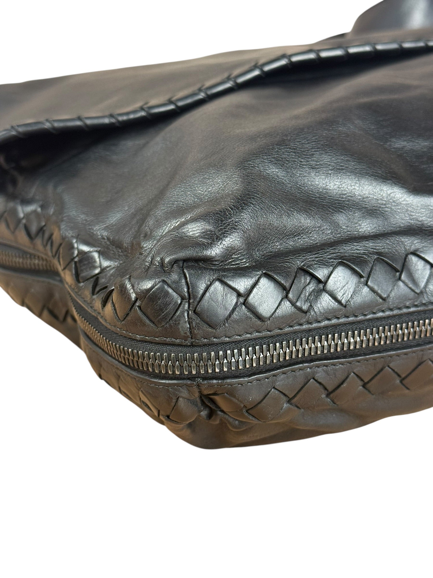 Bottega Veneta Black Intrecciato Leather Flap Messenger Bag