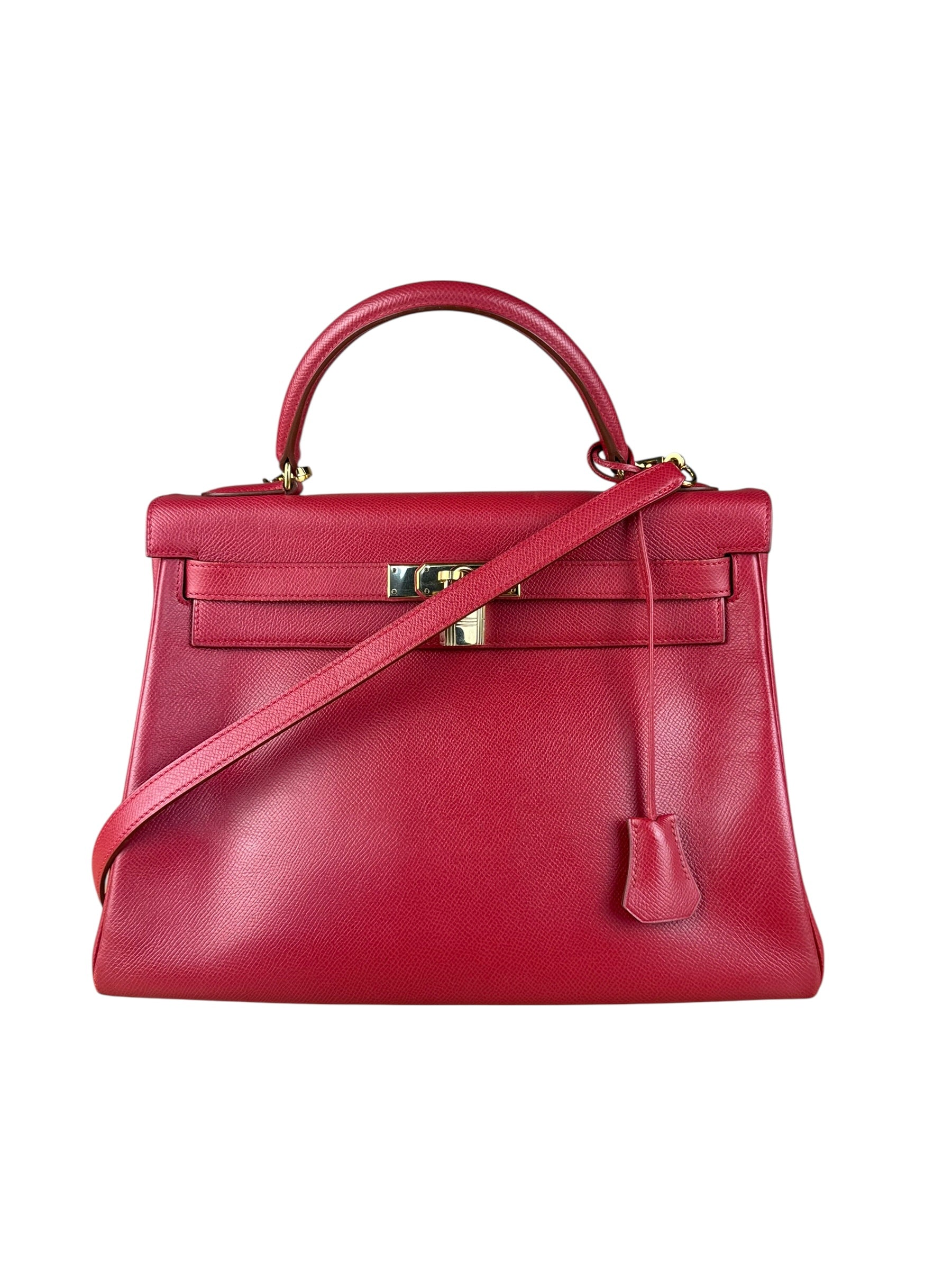 Hermes Kelly 32 Courchevel Rouge Vif Gold Handbag 1997