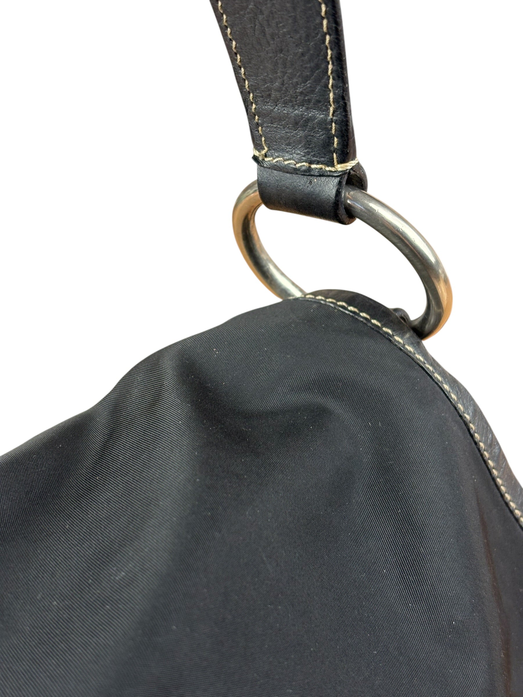 Damaged Prada Vintage Black Tessuto Nylon Leather Trim Saddle Flap Shoulder Bag