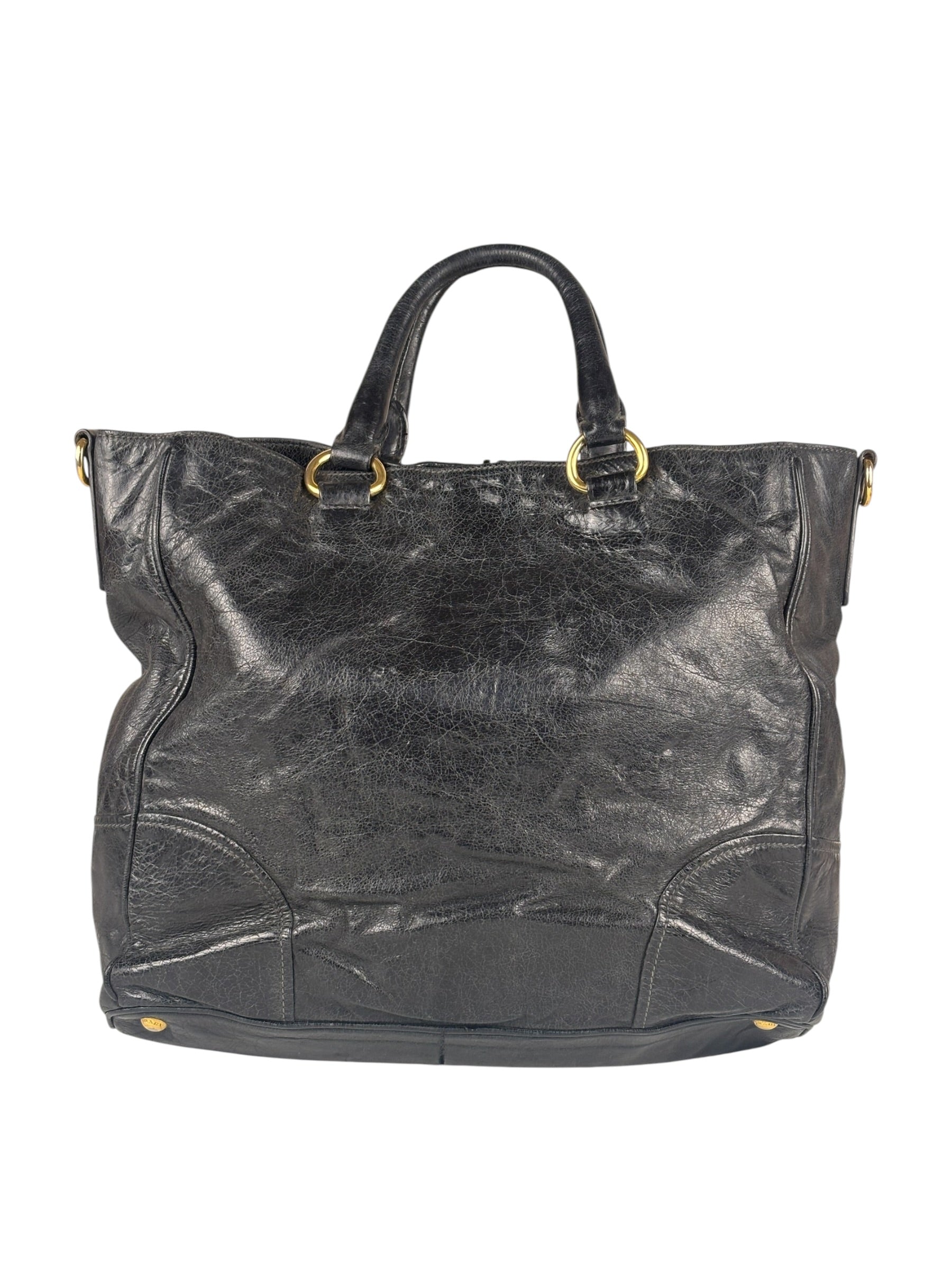 Prada Vintage Black Shine Leather Vitello Daino Tote