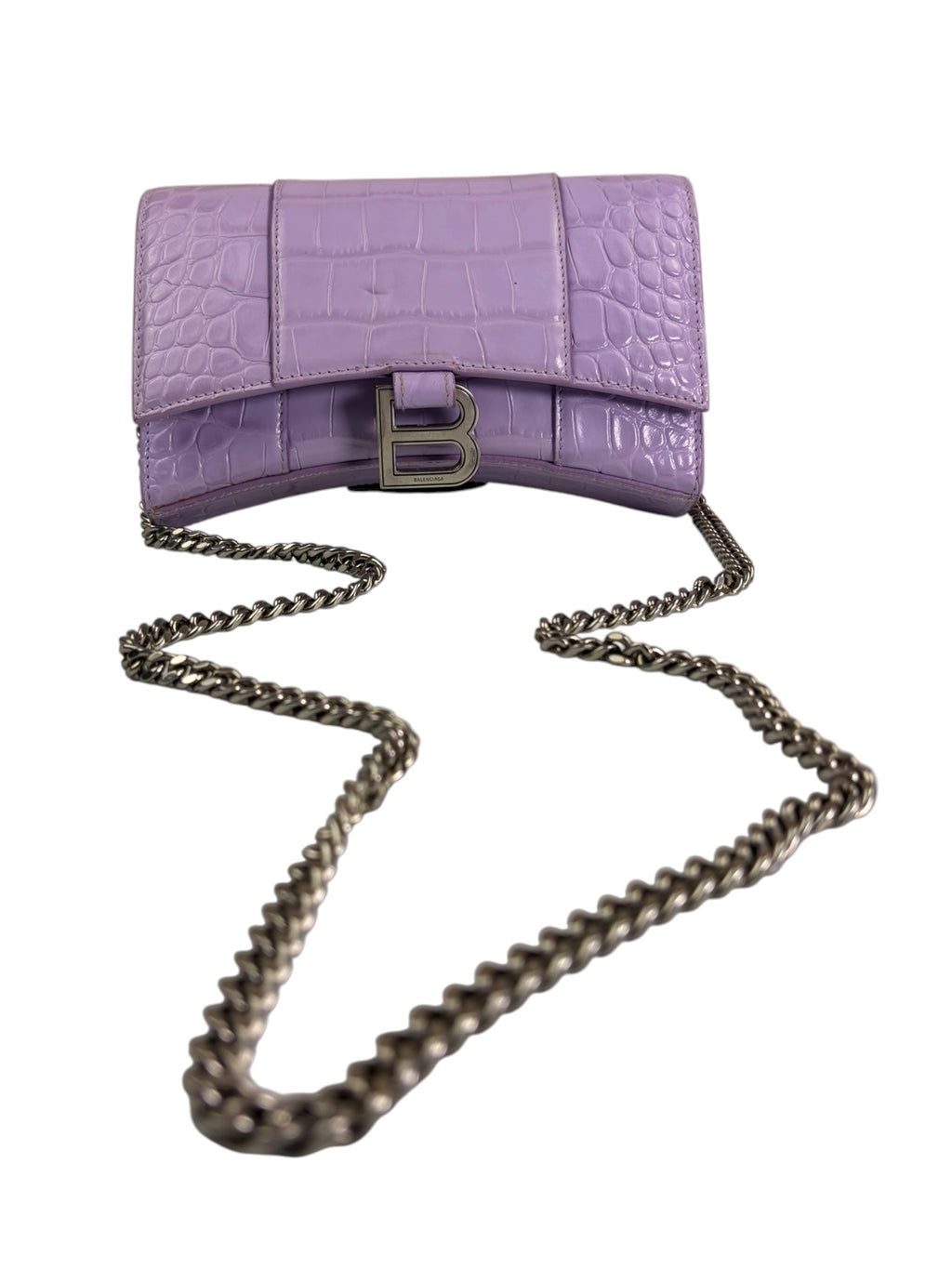 Balenciaga Purple Crocodile Embossed Leather Hourglass Wallet On Chain