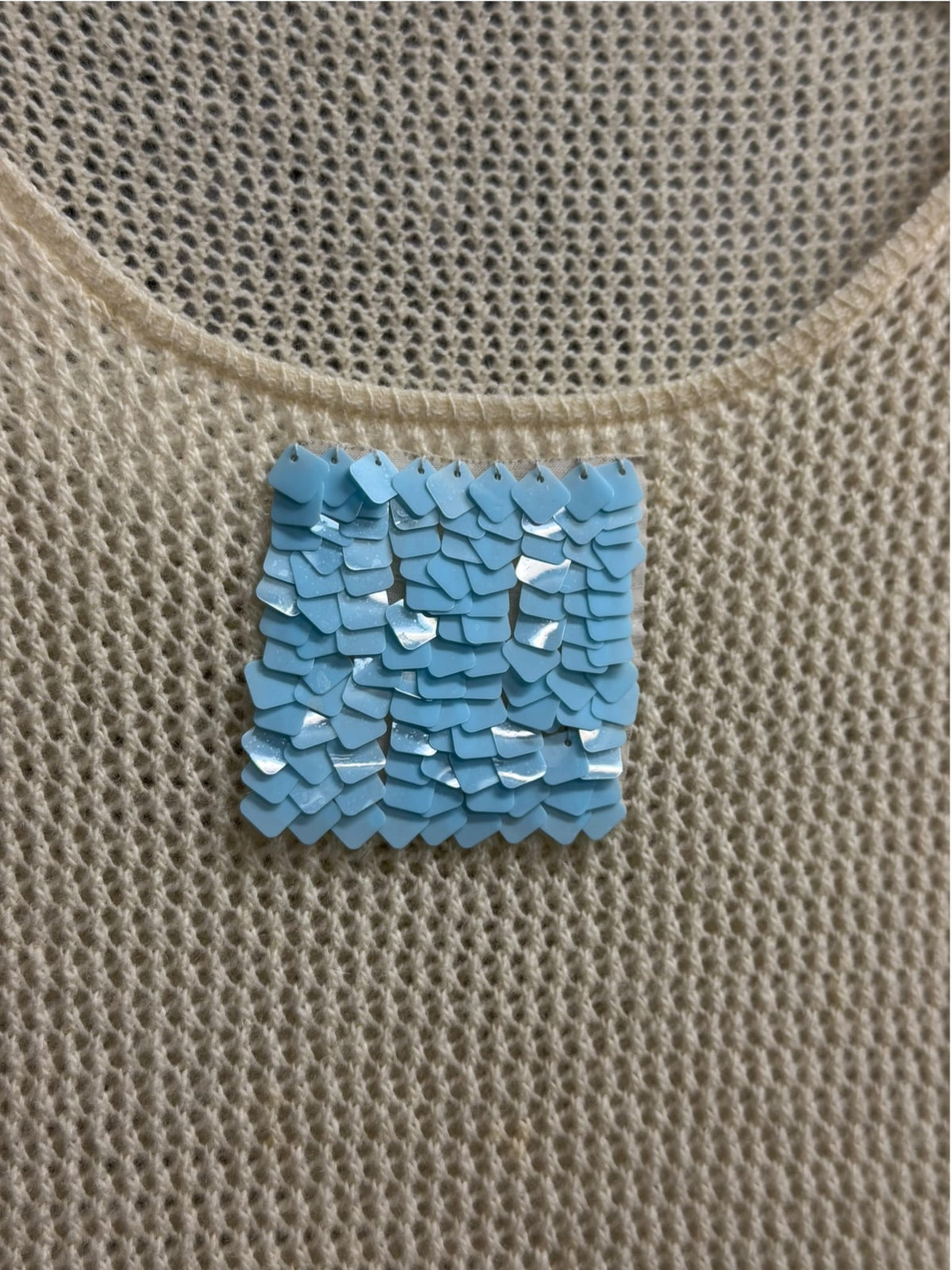Chanel Cream Open-Knit Cashmere Blue Square Sequin Tank Top