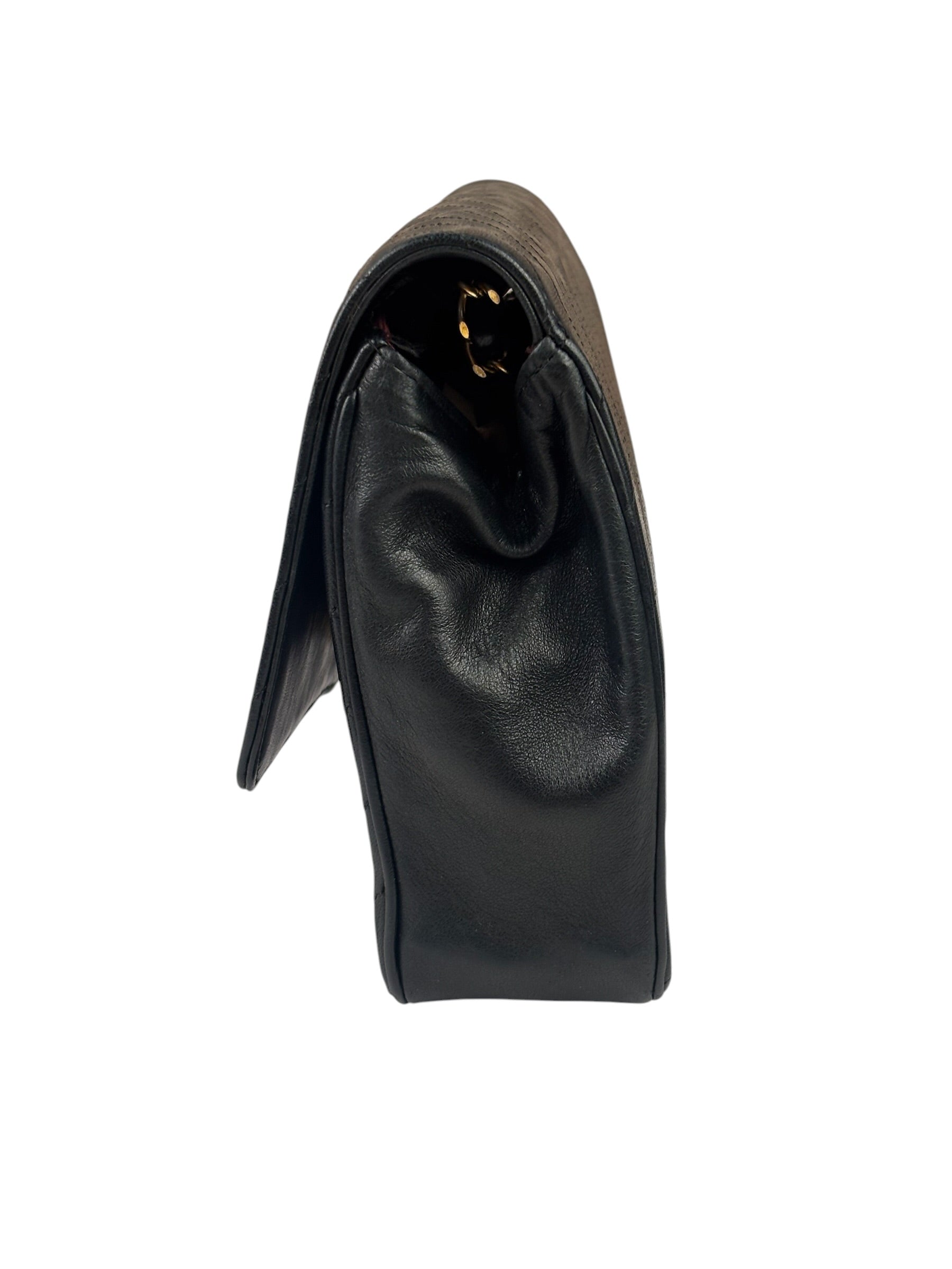 Chanel Vintage Black Leather Timeless Diagonal Stitch Flap Bag 1986