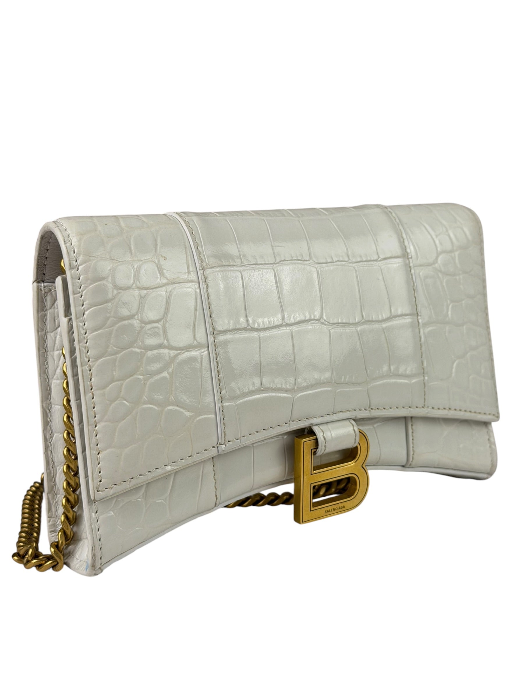 Balenciaga White Crocodile Embossed Hourglass Wallet On Chain