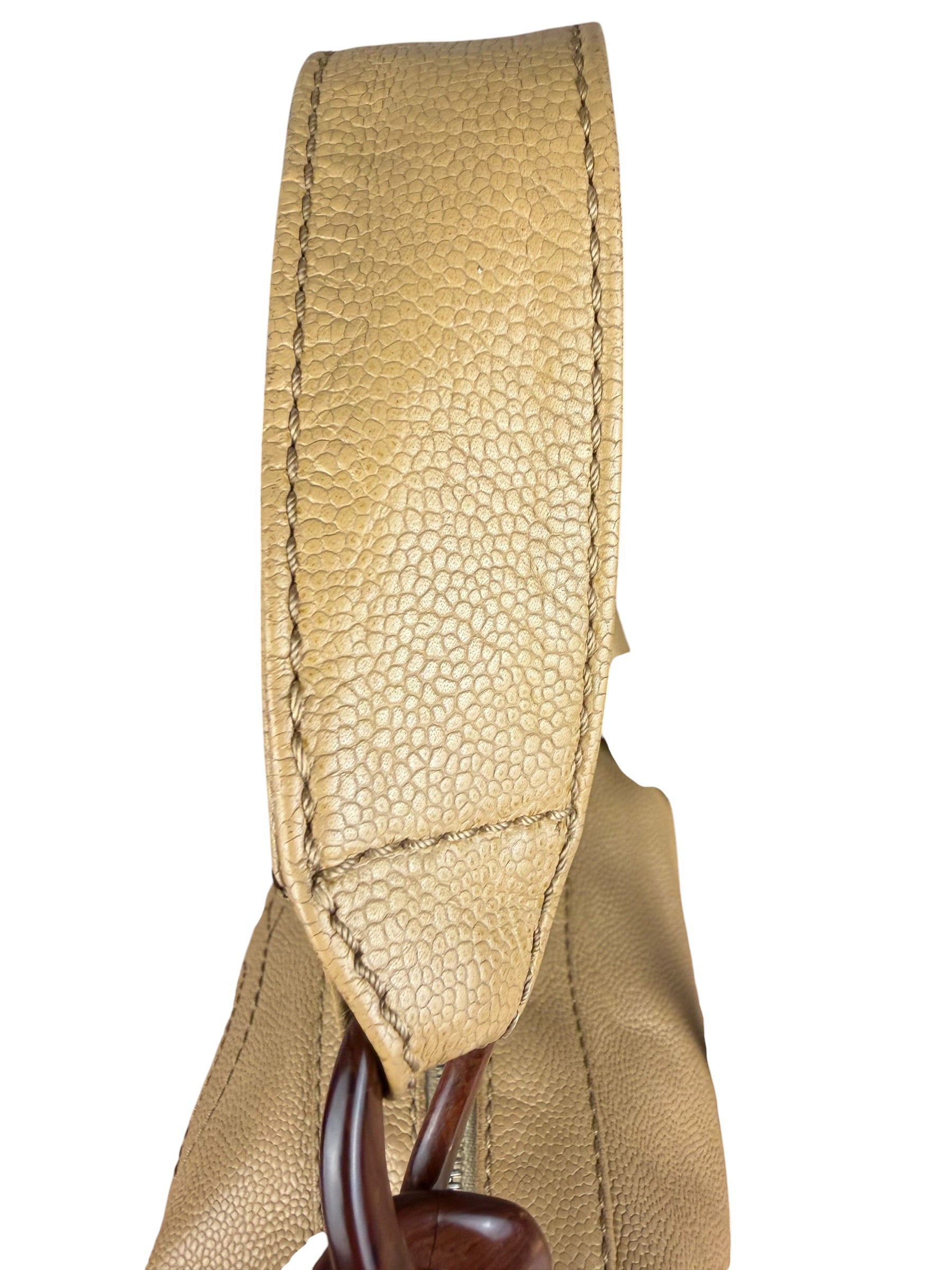 Chanel CC Vintage Beige Leather Caviar Wood Chain Hobo Bag