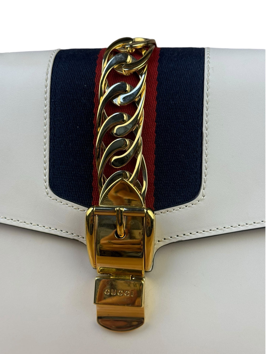 Gucci White Leather Sylvie Web Strap Top Handle